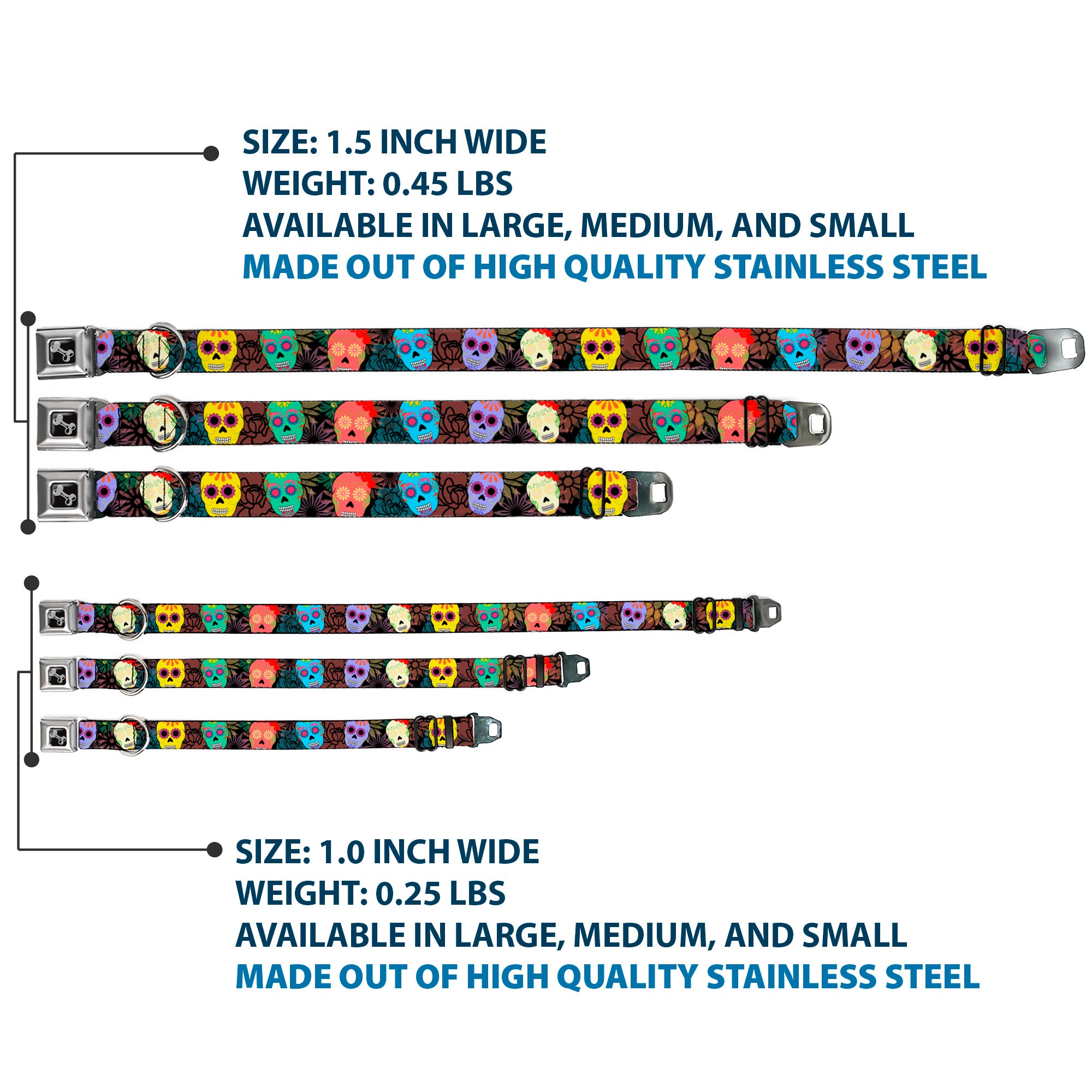 Dog Bone Black/Silver Seatbelt Buckle Collar - Painted Sugar Skulls & Flowers Collage Seatbelt Buckle Collars Buckle-Down