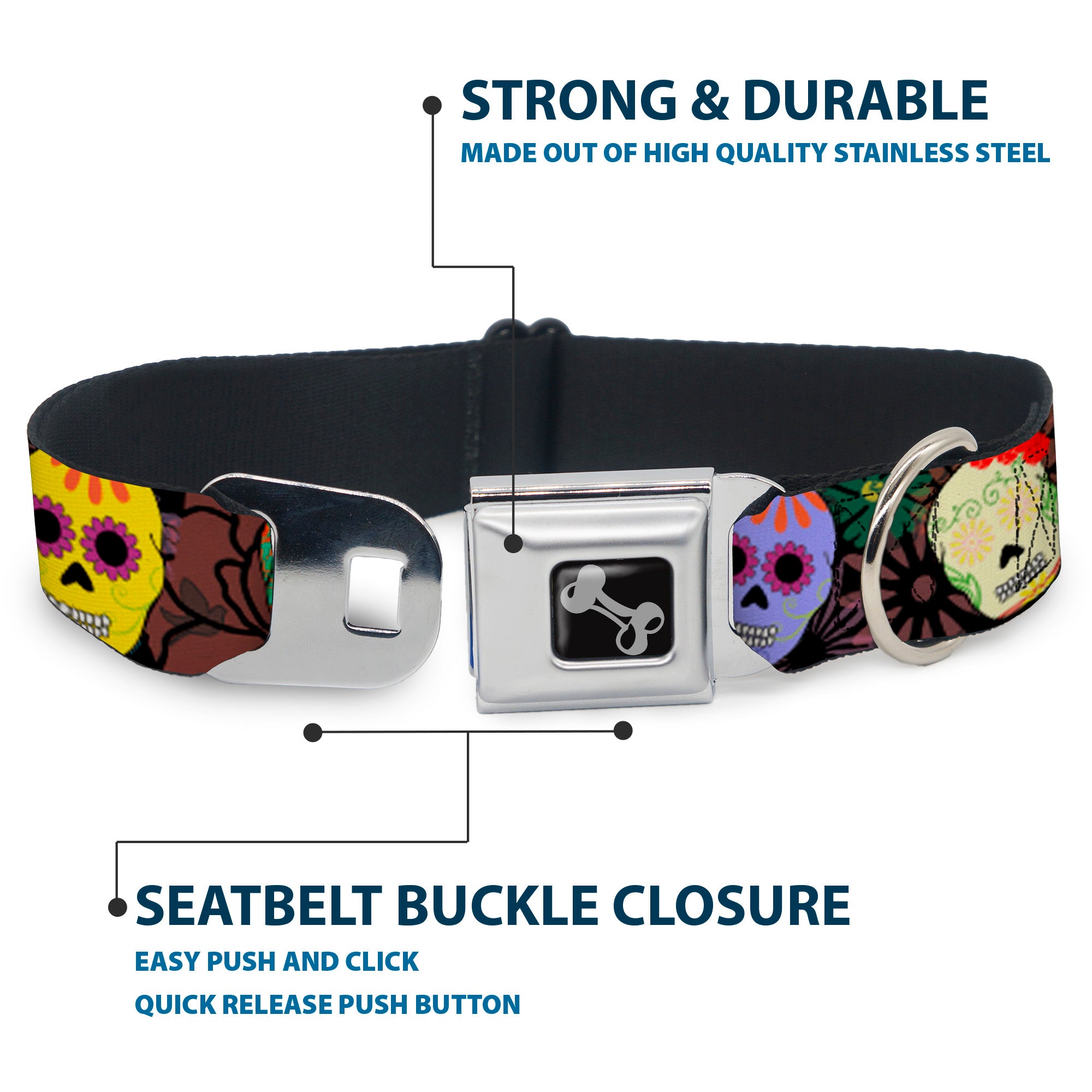Dog Bone Black/Silver Seatbelt Buckle Collar - Painted Sugar Skulls & Flowers Collage Seatbelt Buckle Collars Buckle-Down