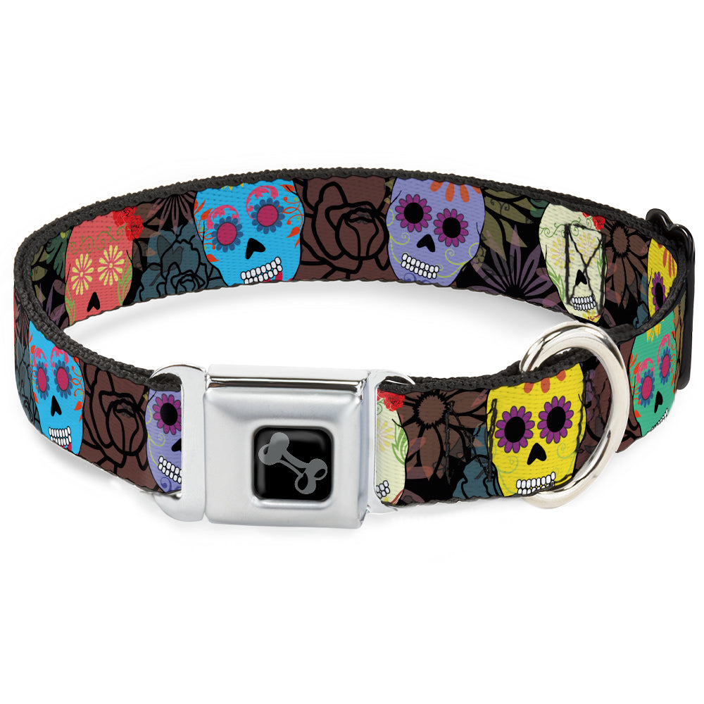 Dog Bone Black/Silver Seatbelt Buckle Collar - Painted Sugar Skulls & Flowers Collage Seatbelt Buckle Collars Buckle-Down