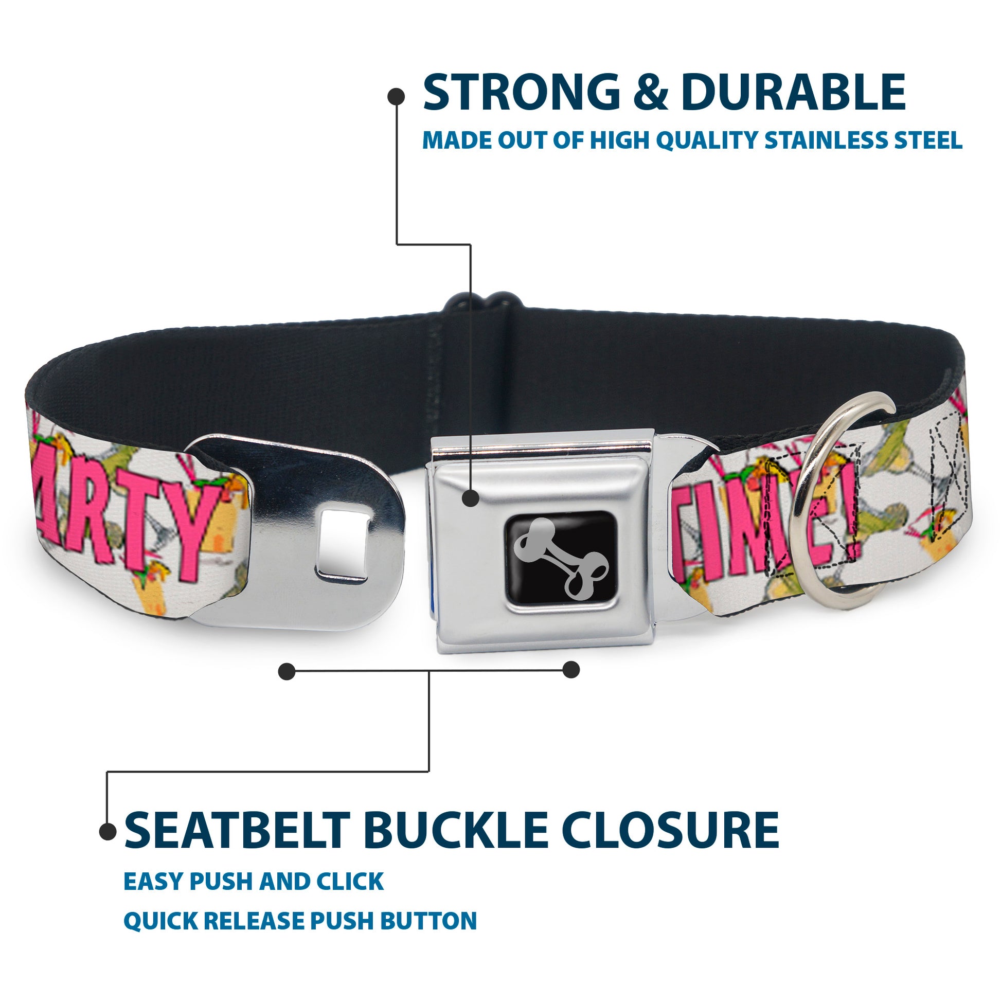 Buckle-Down Seatbelt Buckle Dog Collar - PARTY TIME! w/Drinks Seatbelt Buckle Collars Buckle-Down