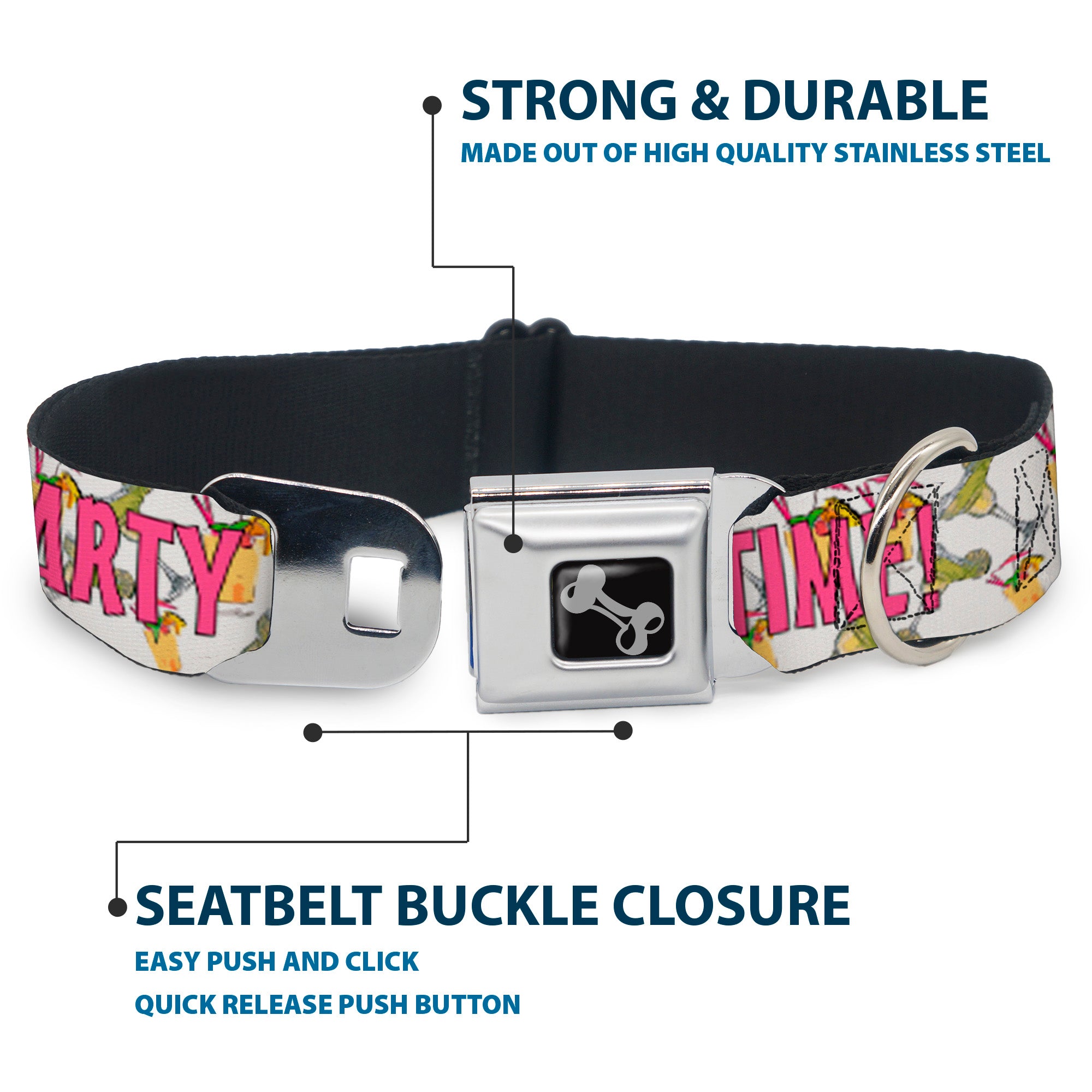 Buckle-Down Seatbelt Buckle Dog Collar - PARTY TIME! w/Drinks Seatbelt Buckle Collars Buckle-Down