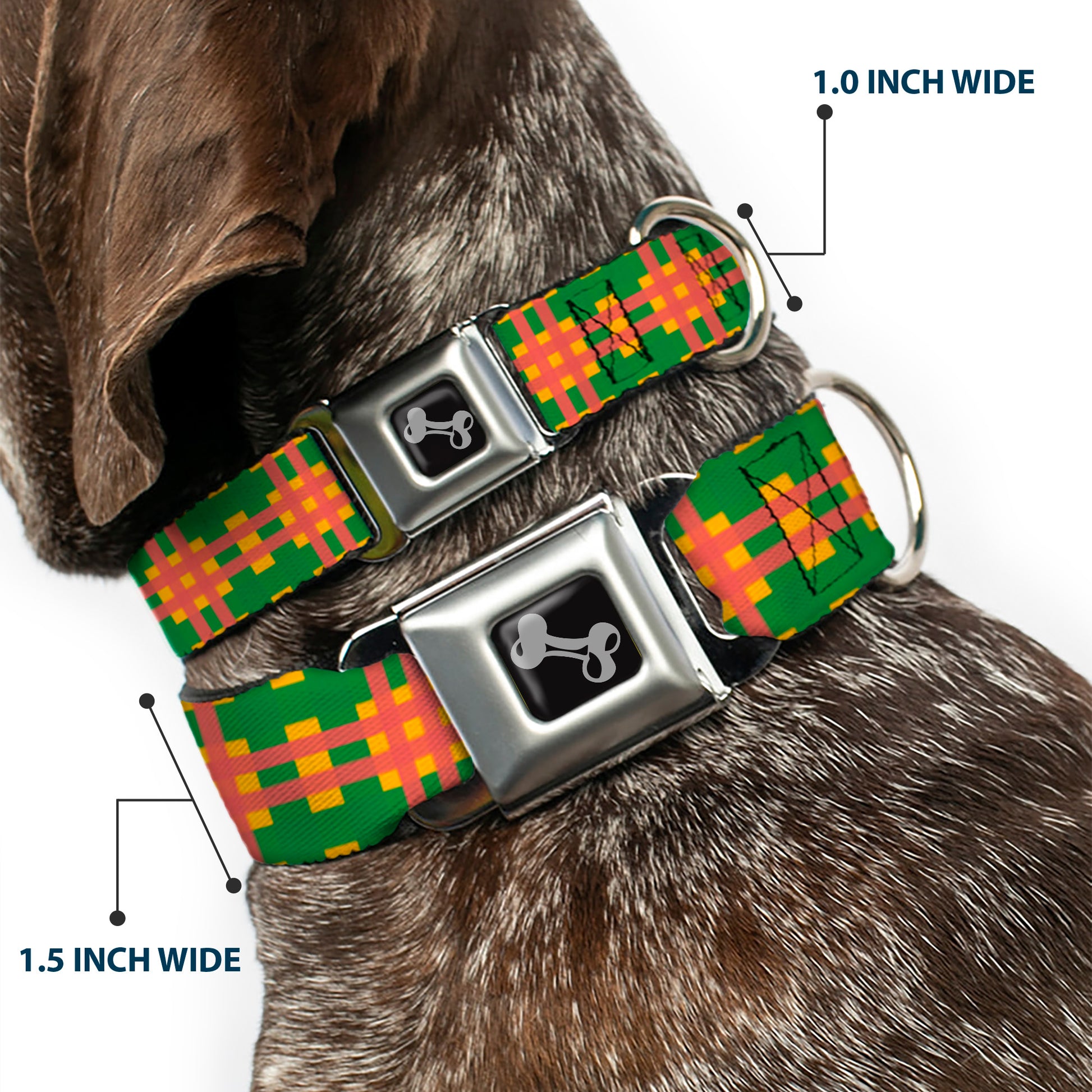 Dog Bone Seatbelt Buckle Collar - Plaid Gold/Green/Pink Seatbelt Buckle Collars Buckle-Down