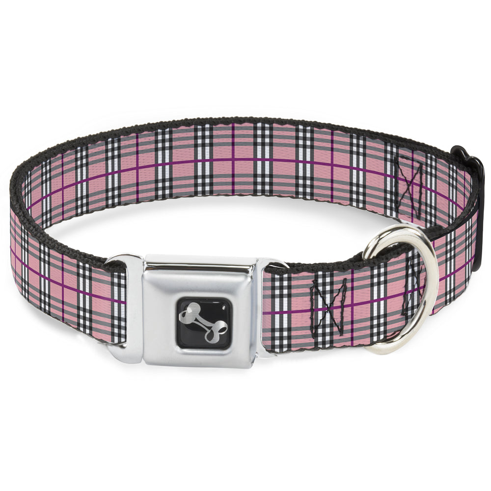 Dog Bone Seatbelt Buckle Collar - Plaid Pink Seatbelt Buckle Collars Buckle-Down