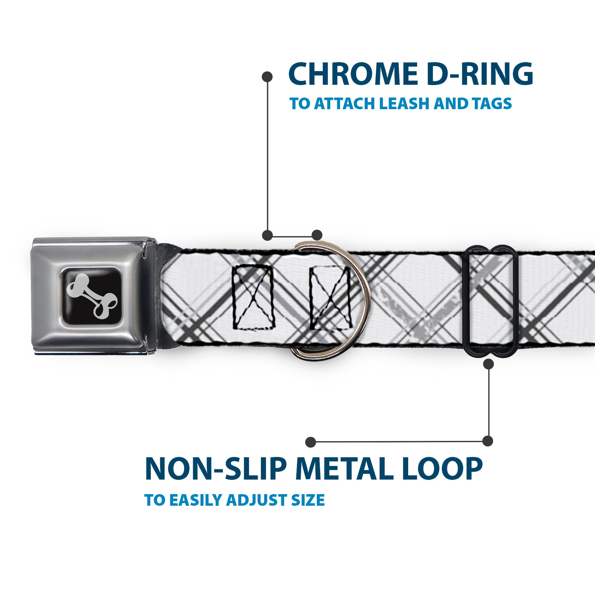 Dog Bone Seatbelt Buckle Collar - Plaid X Weathered White/Gray Seatbelt Buckle Collars Buckle-Down