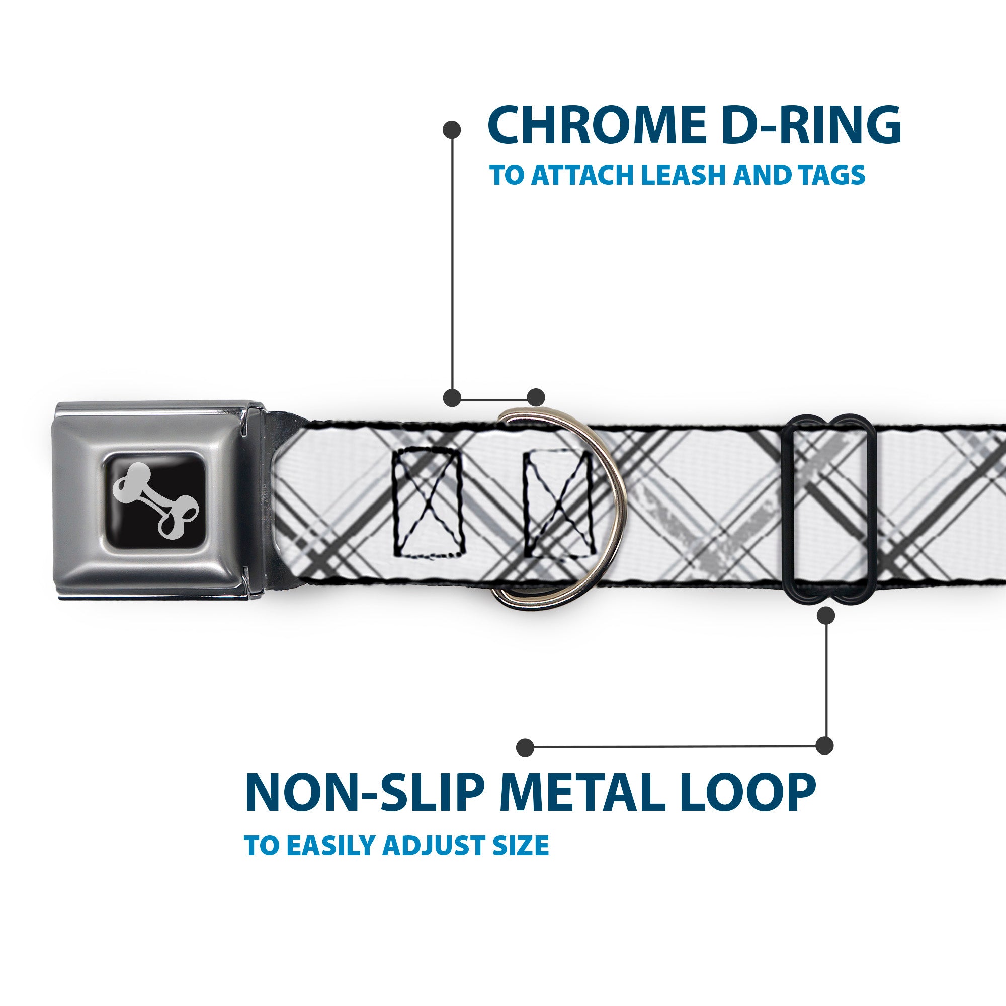 Dog Bone Seatbelt Buckle Collar - Plaid X Weathered White/Gray Seatbelt Buckle Collars Buckle-Down