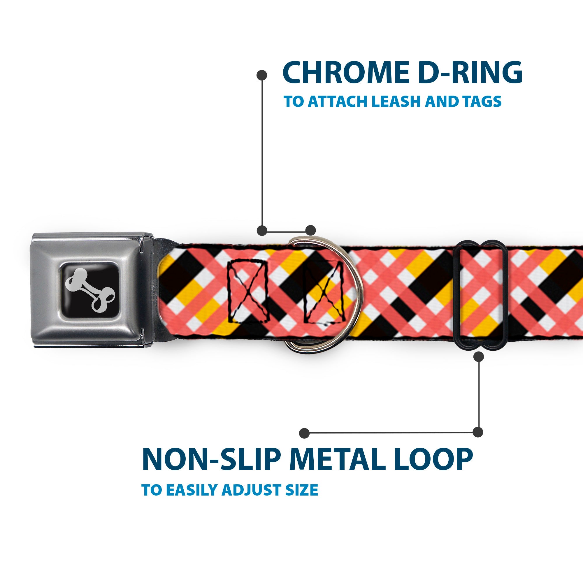 Dog Bone Seatbelt Buckle Collar - Plaid X White/Gold/Black/Pink Seatbelt Buckle Collars Buckle-Down