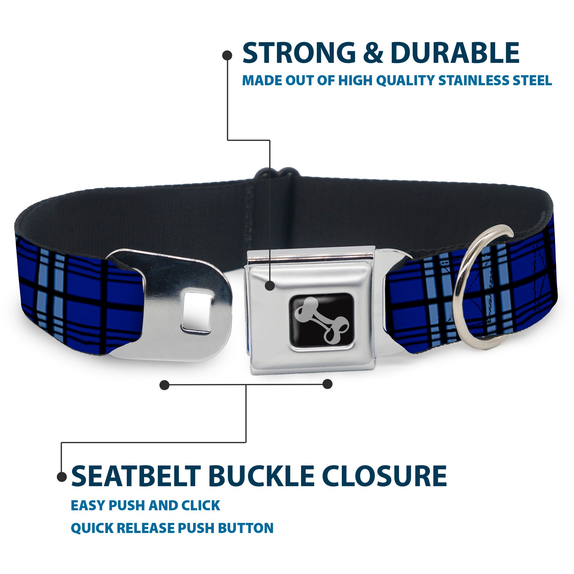 Dog Bone Seatbelt Buckle Collar - Plaid Blue/Gray/Black Seatbelt Buckle Collars Buckle-Down