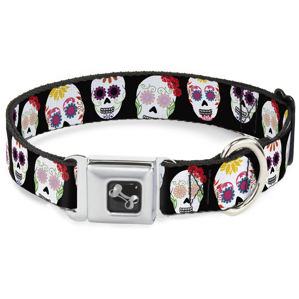 Dog Bone Seatbelt Buckle Collar - Staggered Sugar Skulls Black/Multi Color Seatbelt Buckle Collars Buckle-Down