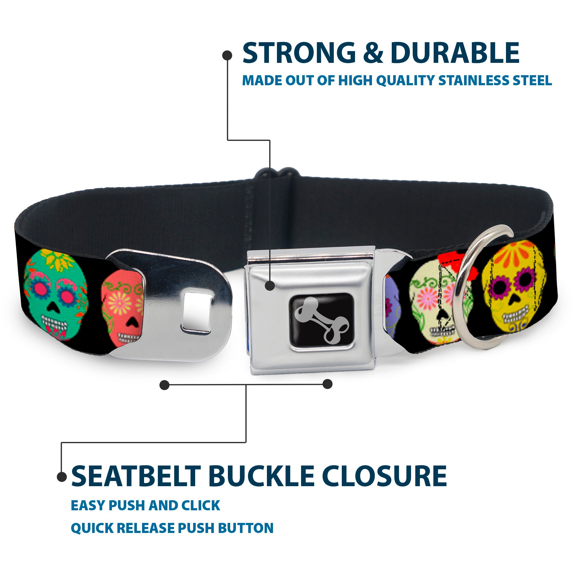 Dog Bone Black/Silver Seatbelt Buckle Collar - Painted Sugar Skulls Black/Multi Color Seatbelt Buckle Collars Buckle-Down