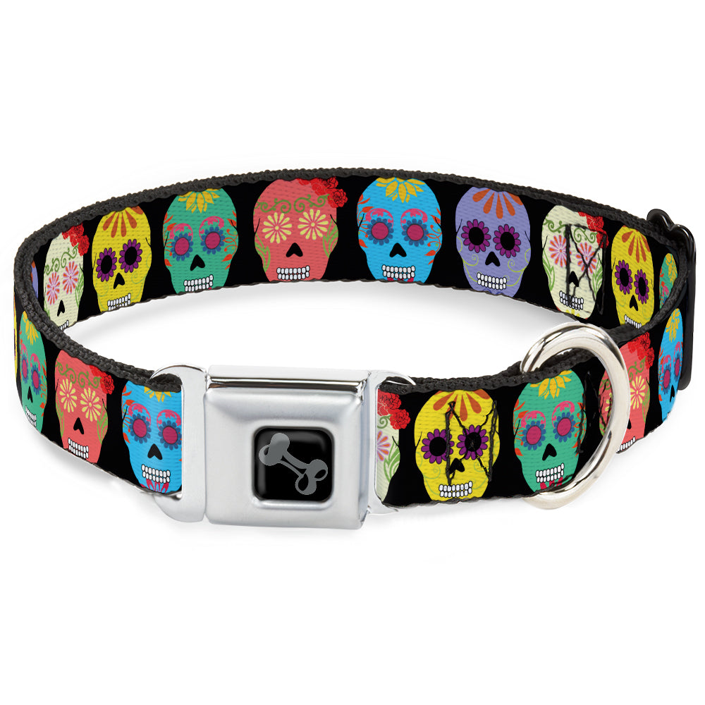 Dog Bone Black/Silver Seatbelt Buckle Collar - Painted Sugar Skulls Black/Multi Color Seatbelt Buckle Collars Buckle-Down