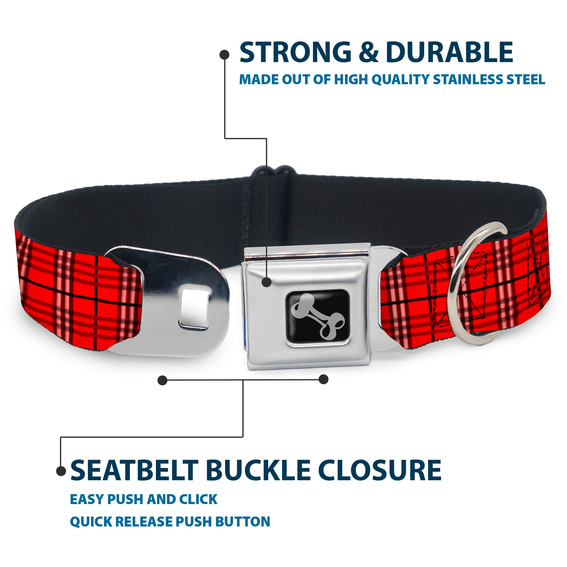 Dog Bone Seatbelt Buckle Collar - Plaid Red Seatbelt Buckle Collars Buckle-Down