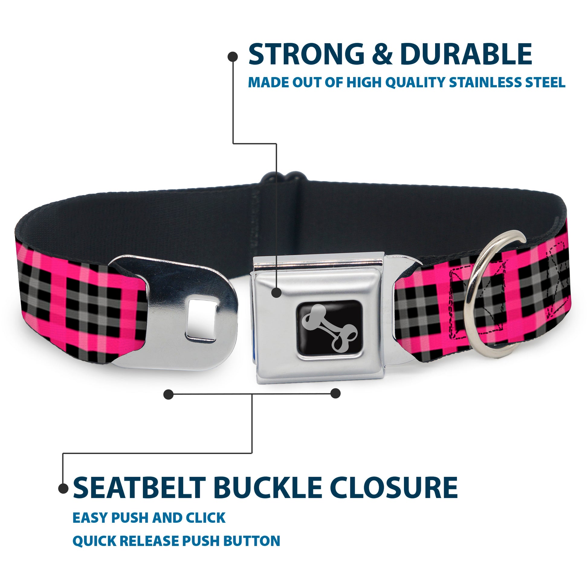 Dog Bone Seatbelt Buckle Collar - Plaid Black/Gray/Fuchsia Seatbelt Buckle Collars Buckle-Down