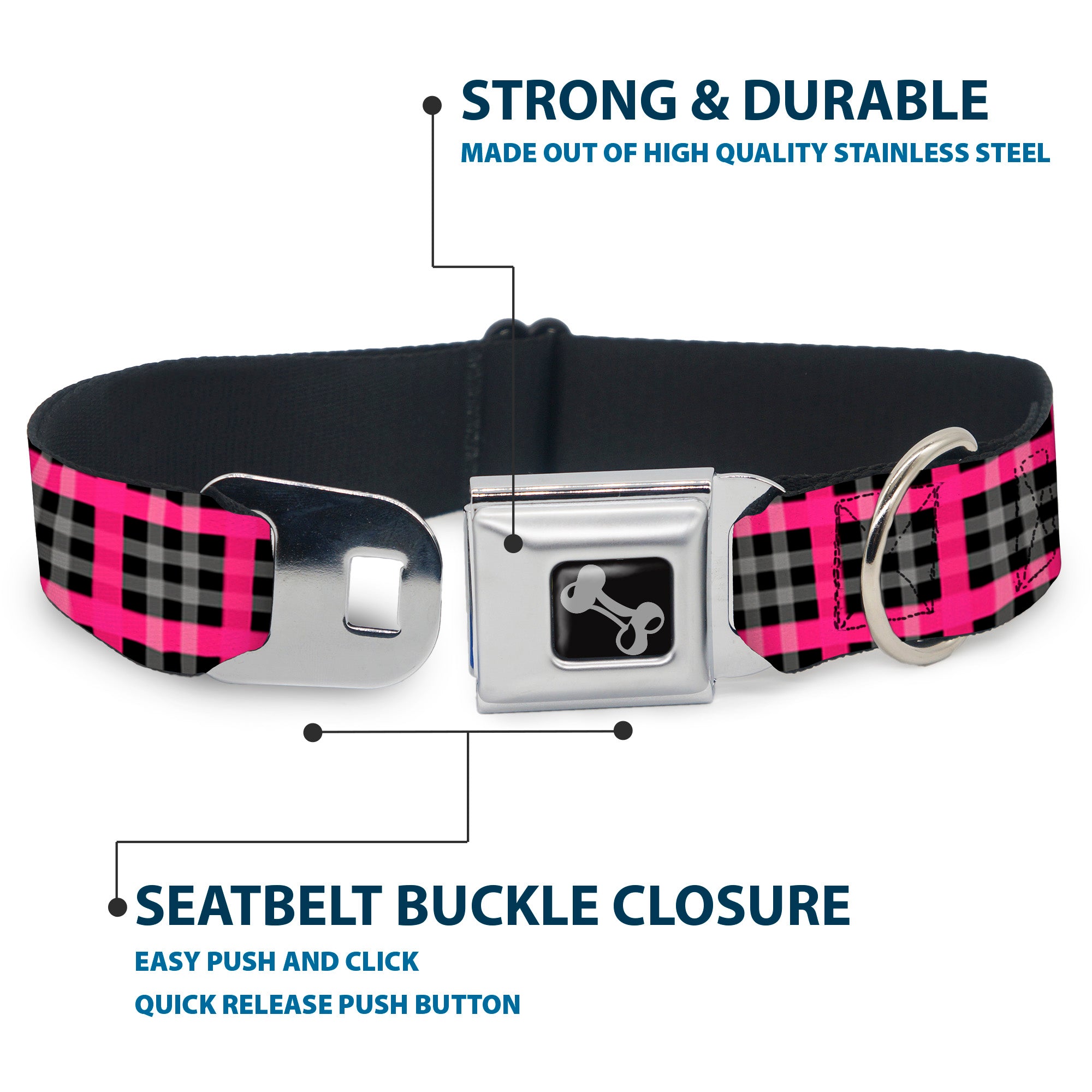 Dog Bone Seatbelt Buckle Collar - Plaid Black/Gray/Fuchsia Seatbelt Buckle Collars Buckle-Down