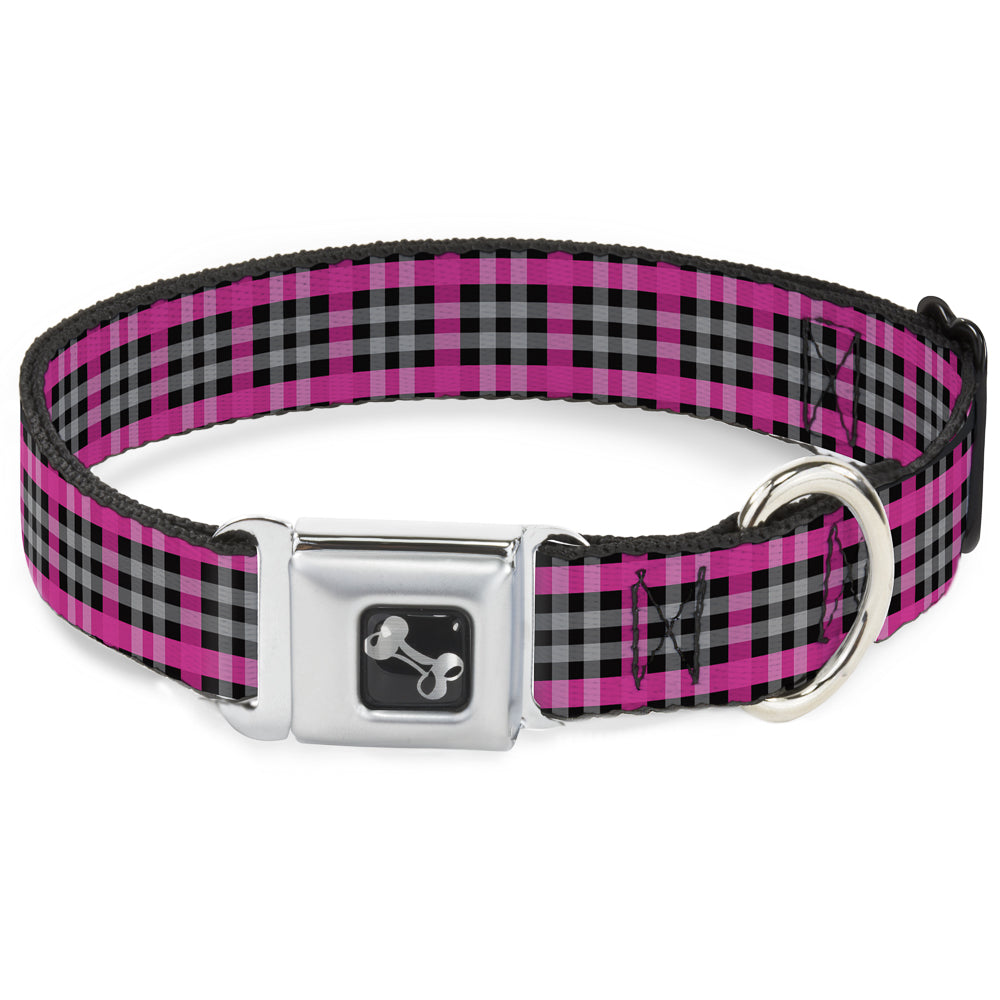 Dog Bone Seatbelt Buckle Collar - Plaid Black/Gray/Fuchsia Seatbelt Buckle Collars Buckle-Down