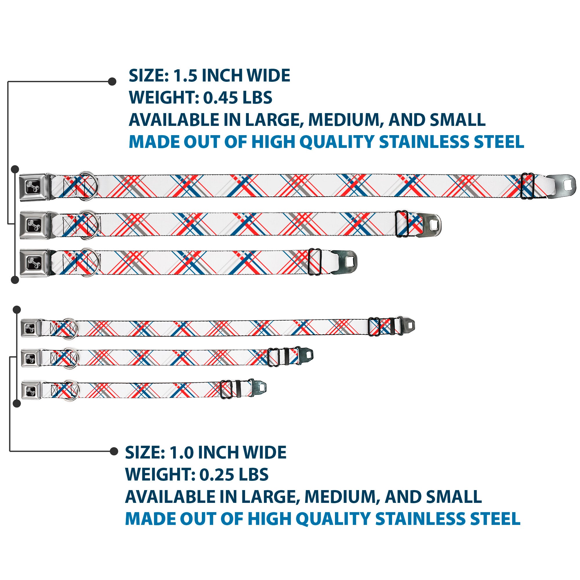 Dog Bone Seatbelt Buckle Collar - Plaid X White/Red/Turquoise/Gray Seatbelt Buckle Collars Buckle-Down