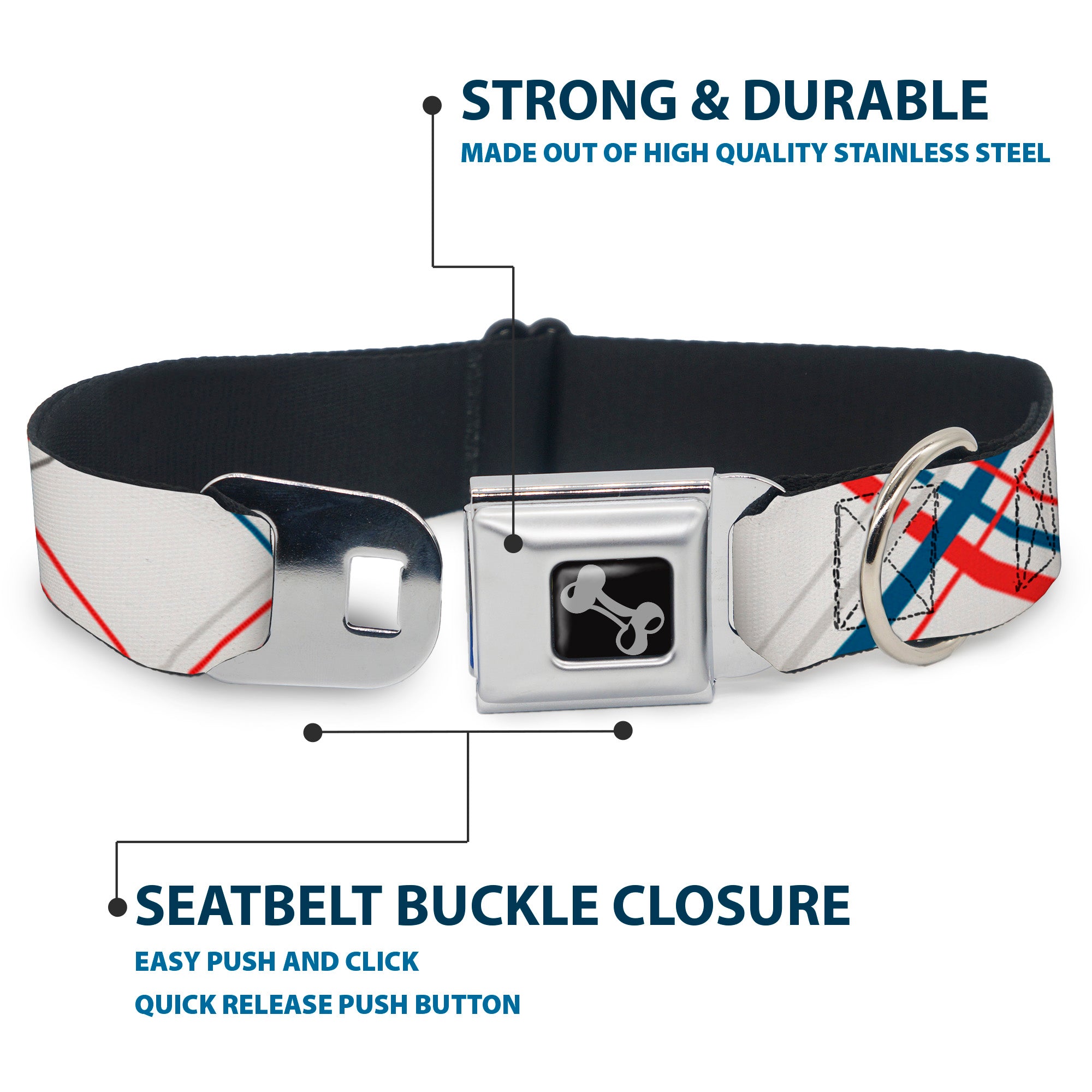 Dog Bone Seatbelt Buckle Collar - Plaid X White/Red/Turquoise/Gray Seatbelt Buckle Collars Buckle-Down