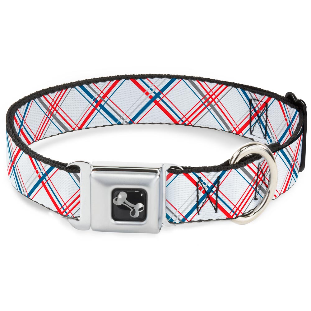 Dog Bone Seatbelt Buckle Collar - Plaid X White/Red/Turquoise/Gray Seatbelt Buckle Collars Buckle-Down