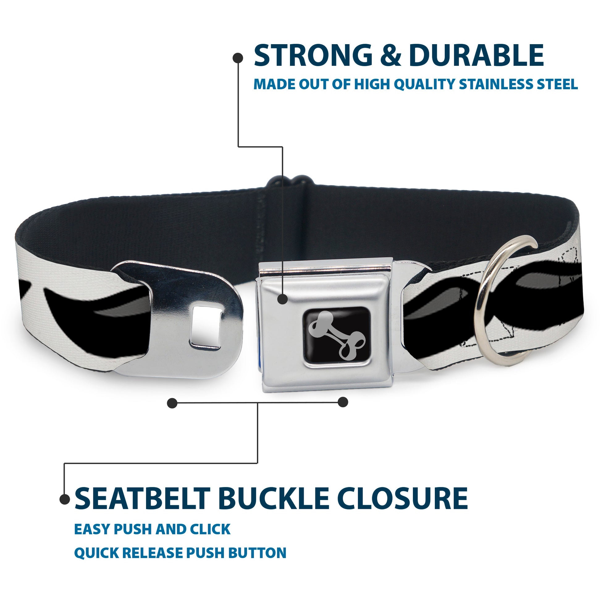 Dog Bone Black/Silver Seatbelt Buckle Collar - Plastic Mustache White/Black Seatbelt Buckle Collars Buckle-Down