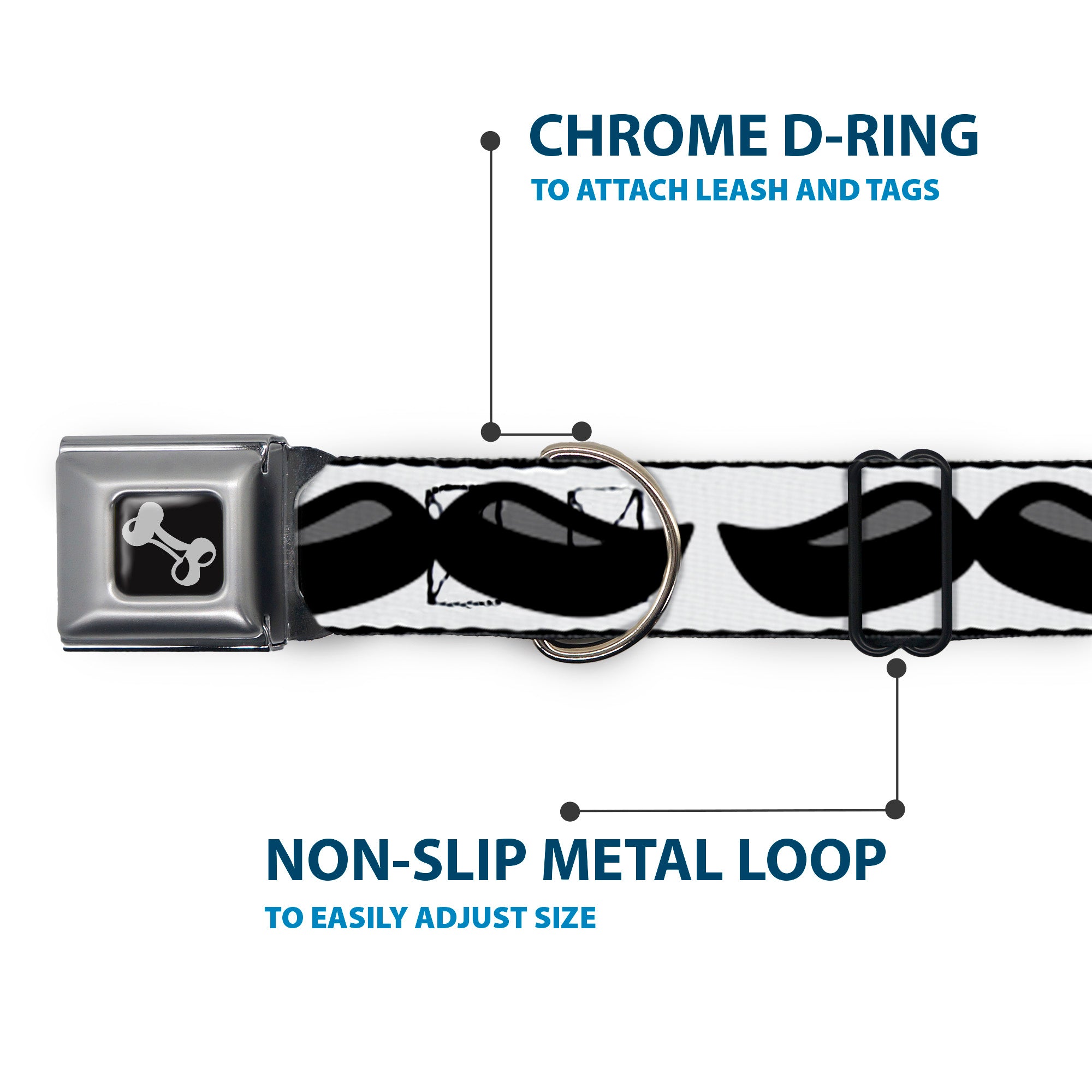 Dog Bone Black/Silver Seatbelt Buckle Collar - Plastic Mustache White/Black Seatbelt Buckle Collars Buckle-Down