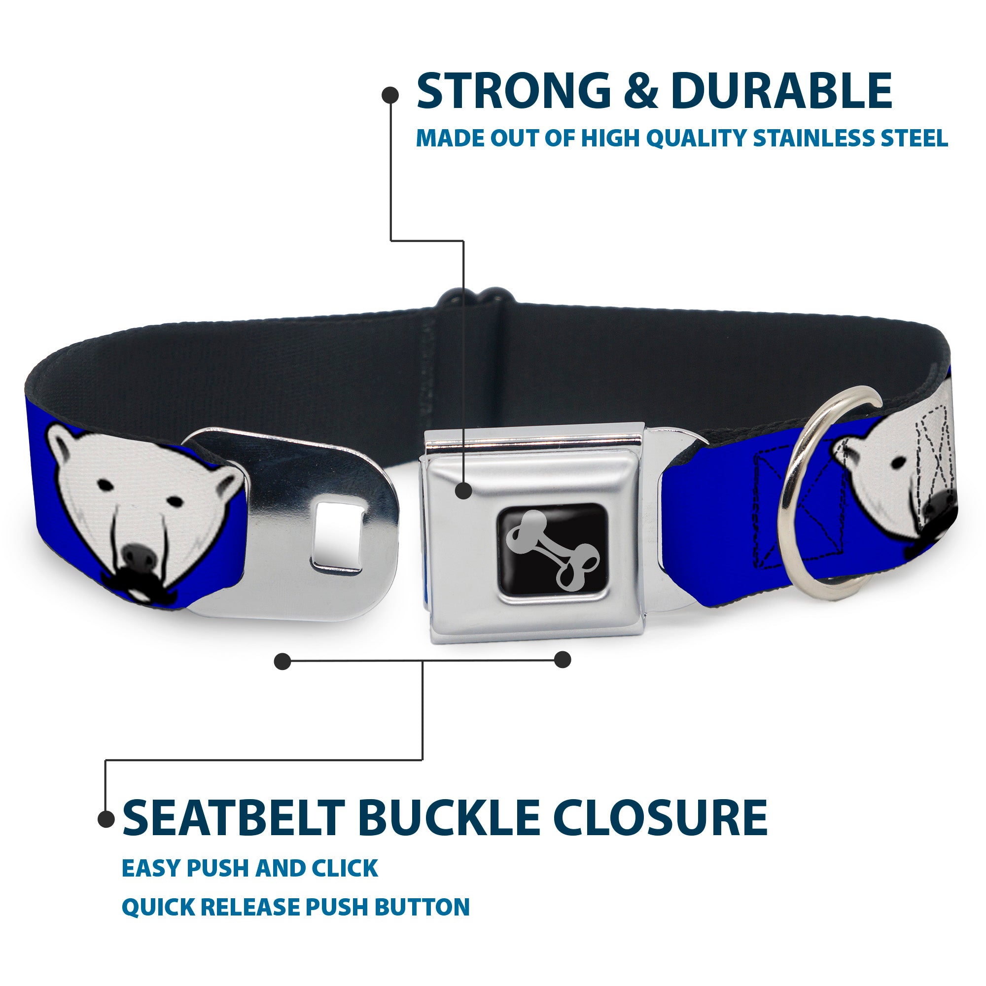 Dog Bone Seatbelt Buckle Collar - Polar Bear w/Mustache Royal Seatbelt Buckle Collars Buckle-Down
