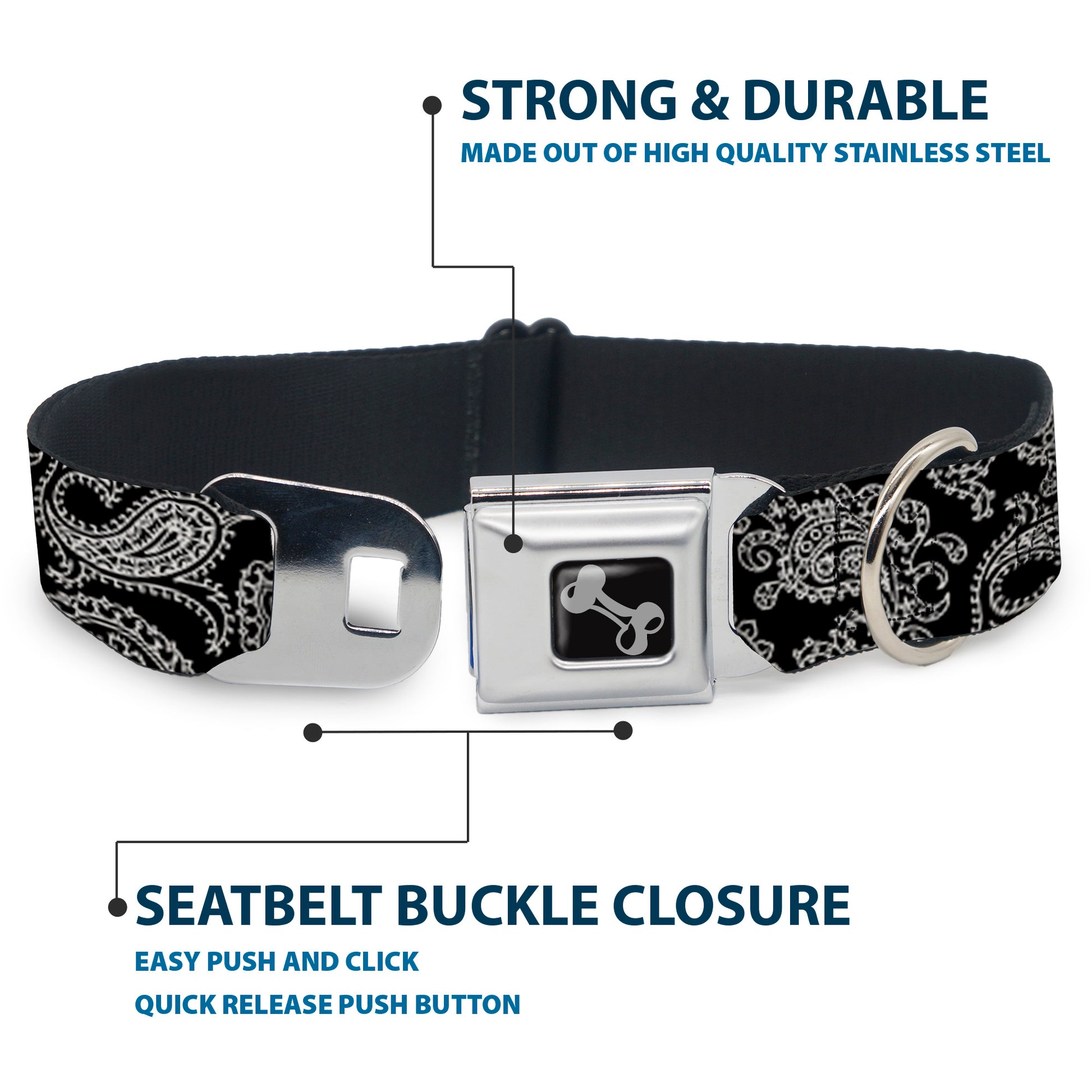 Dog Bone Seatbelt Buckle Collar - Paisley2 Black/White Seatbelt Buckle Collars Buckle-Down