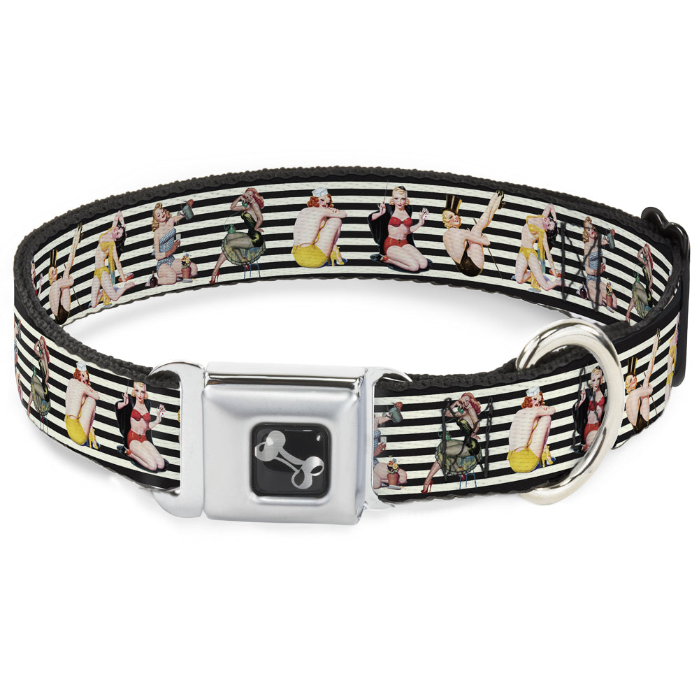Dog Bone Seatbelt Buckle Collar - Pin Up Girl Poses Stripe Black/White Seatbelt Buckle Collars Buckle-Down