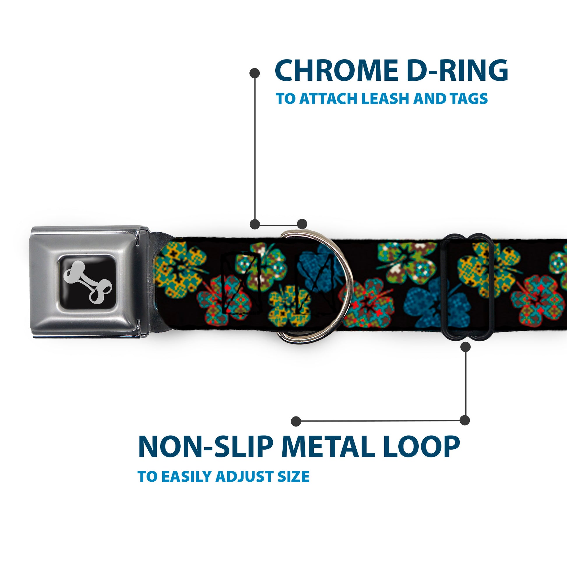 Dog Bone Seatbelt Buckle Collar - Pixilated Hibiscus Flowers Black/Multi Color Seatbelt Buckle Collars Buckle-Down