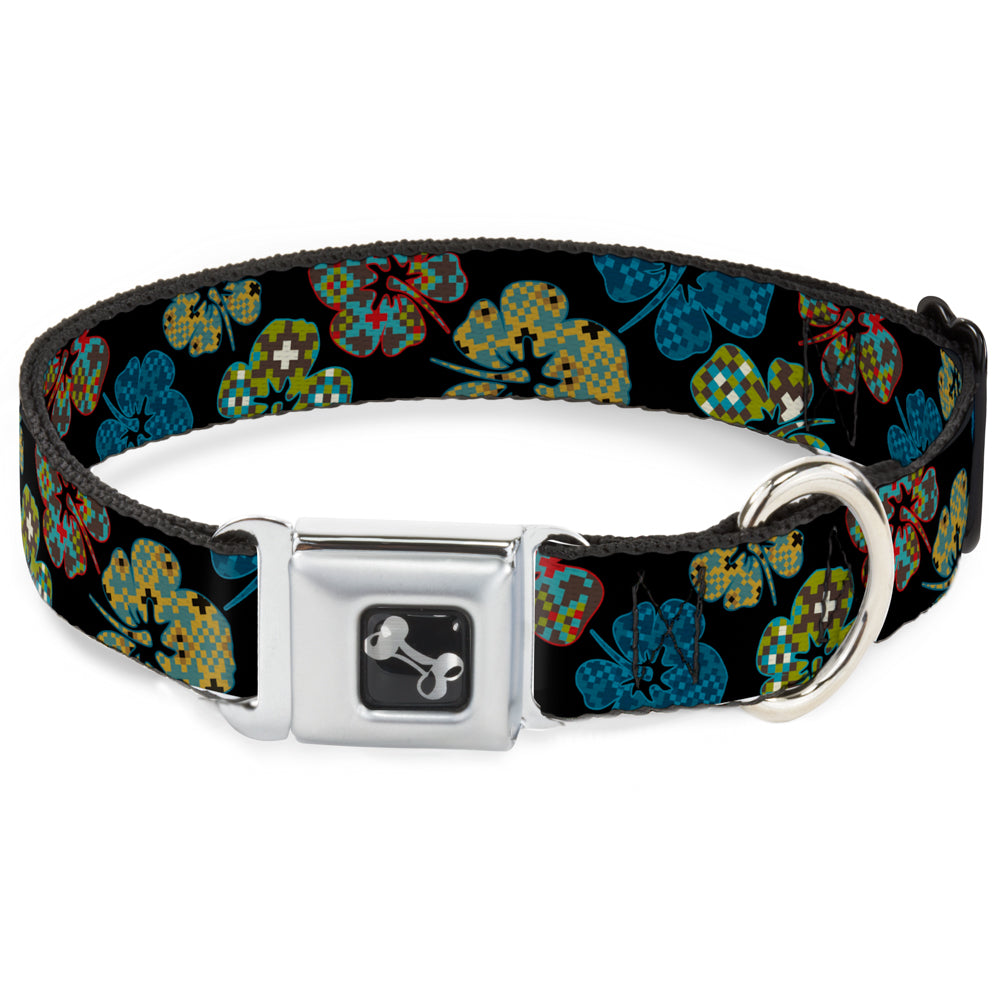 Dog Bone Seatbelt Buckle Collar - Pixilated Hibiscus Flowers Black/Multi Color Seatbelt Buckle Collars Buckle-Down