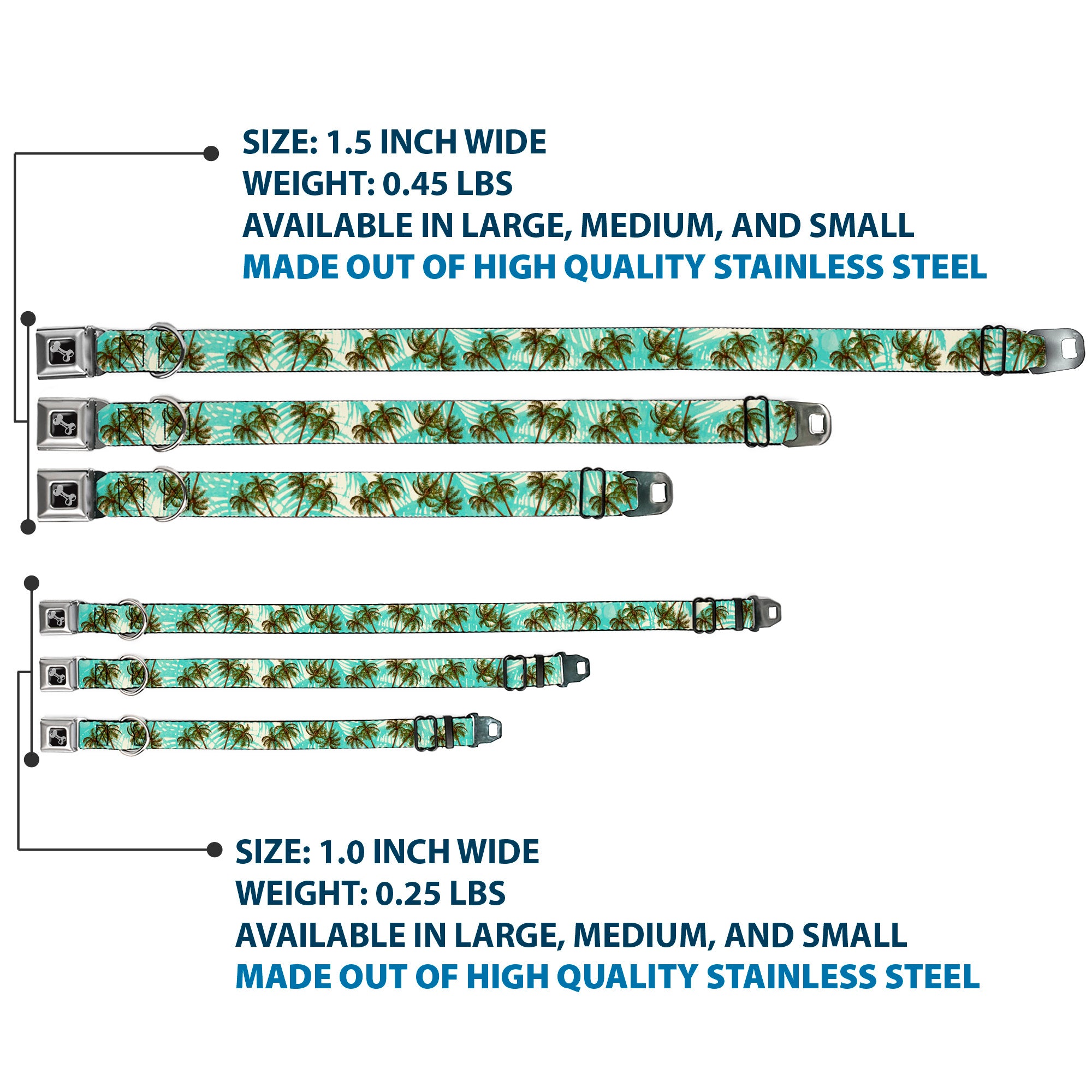 Dog Bone Black/Silver Seatbelt Buckle Collar - Palm Trees Swaying Tan/Teal Seatbelt Buckle Collars Buckle-Down