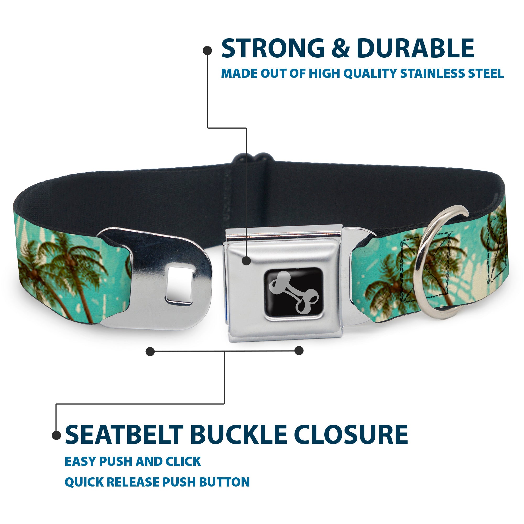 Dog Bone Black/Silver Seatbelt Buckle Collar - Palm Trees Swaying Tan/Teal Seatbelt Buckle Collars Buckle-Down