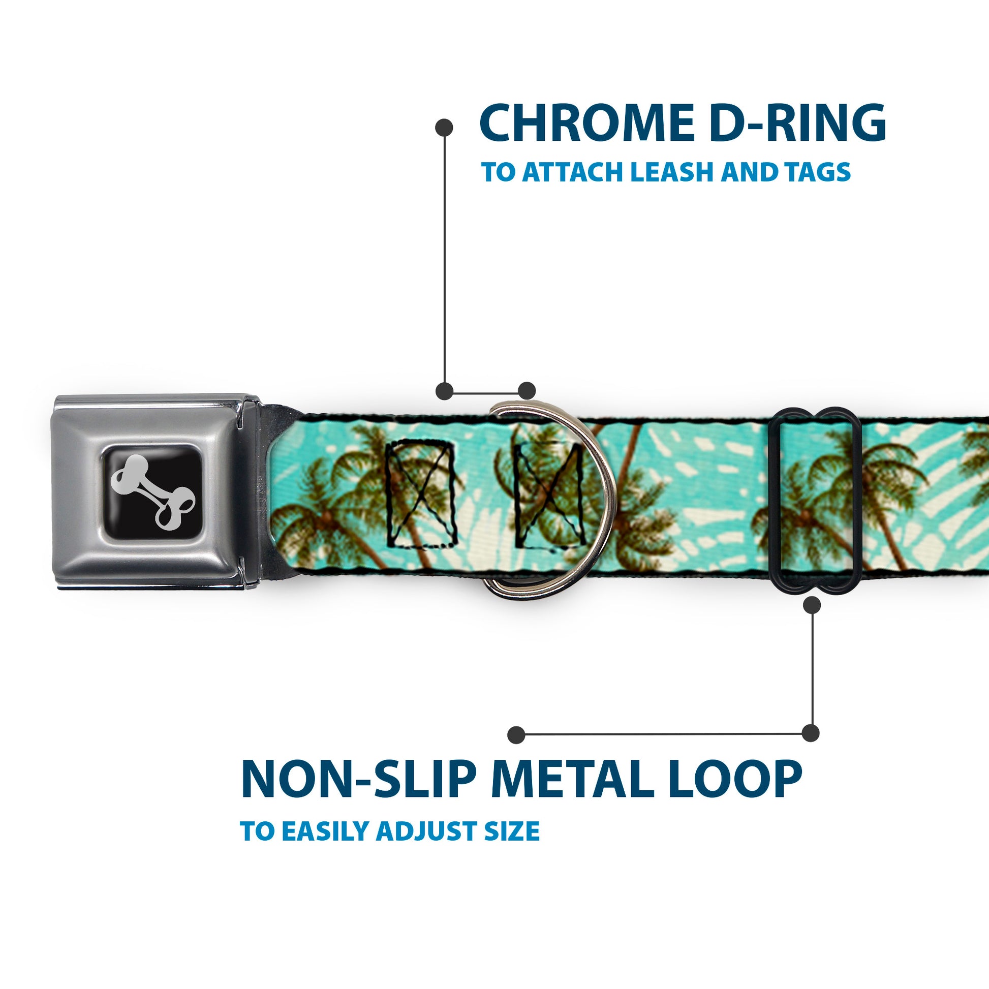 Dog Bone Black/Silver Seatbelt Buckle Collar - Palm Trees Swaying Tan/Teal Seatbelt Buckle Collars Buckle-Down