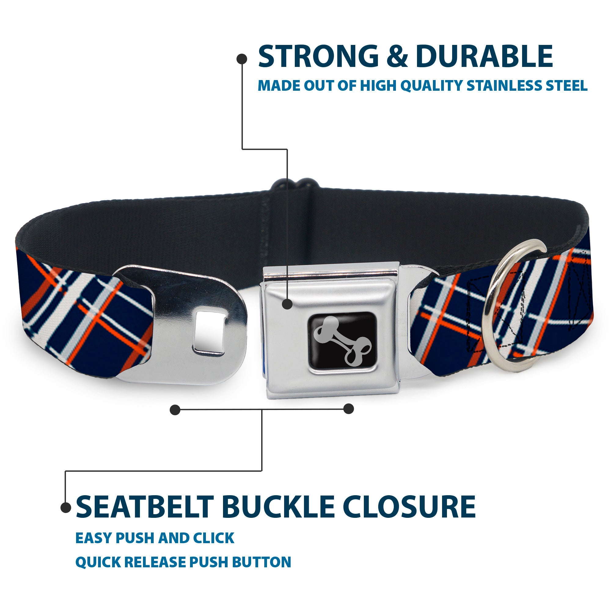 Dog Bone Seatbelt Buckle Collar - Plaid X2 Navy/White/Orange Seatbelt Buckle Collars Buckle-Down
