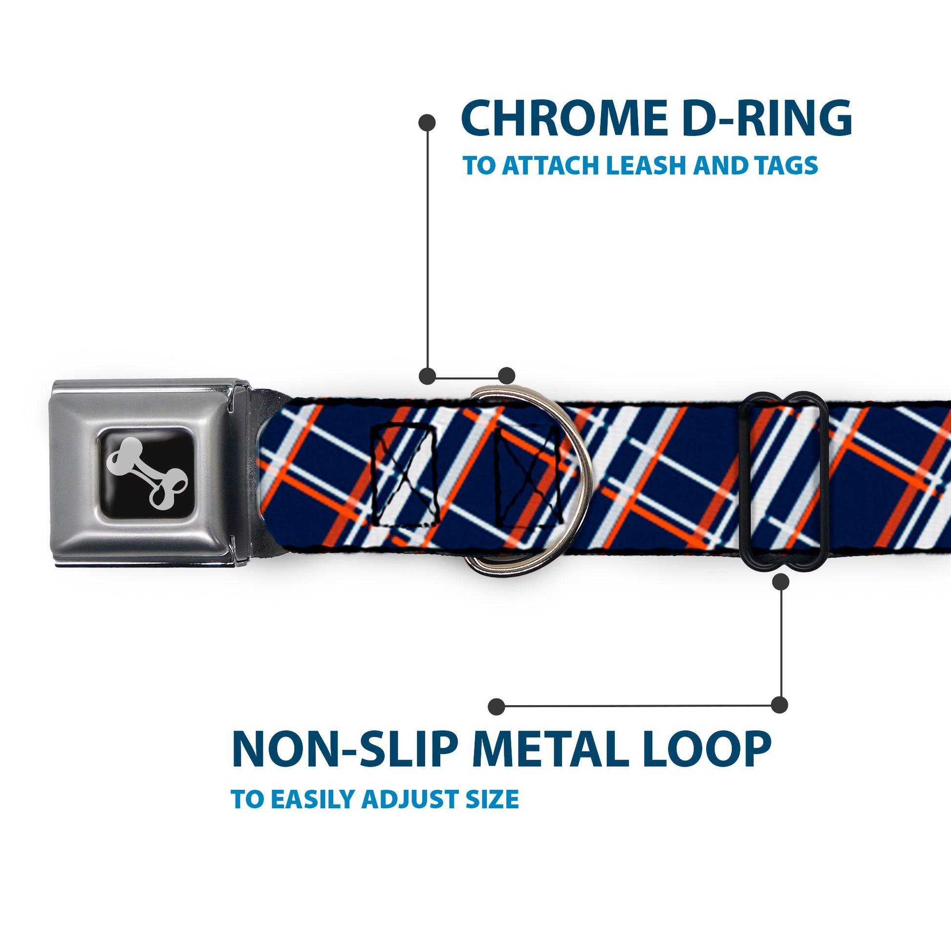 Dog Bone Seatbelt Buckle Collar - Plaid X2 Navy/White/Orange Seatbelt Buckle Collars Buckle-Down