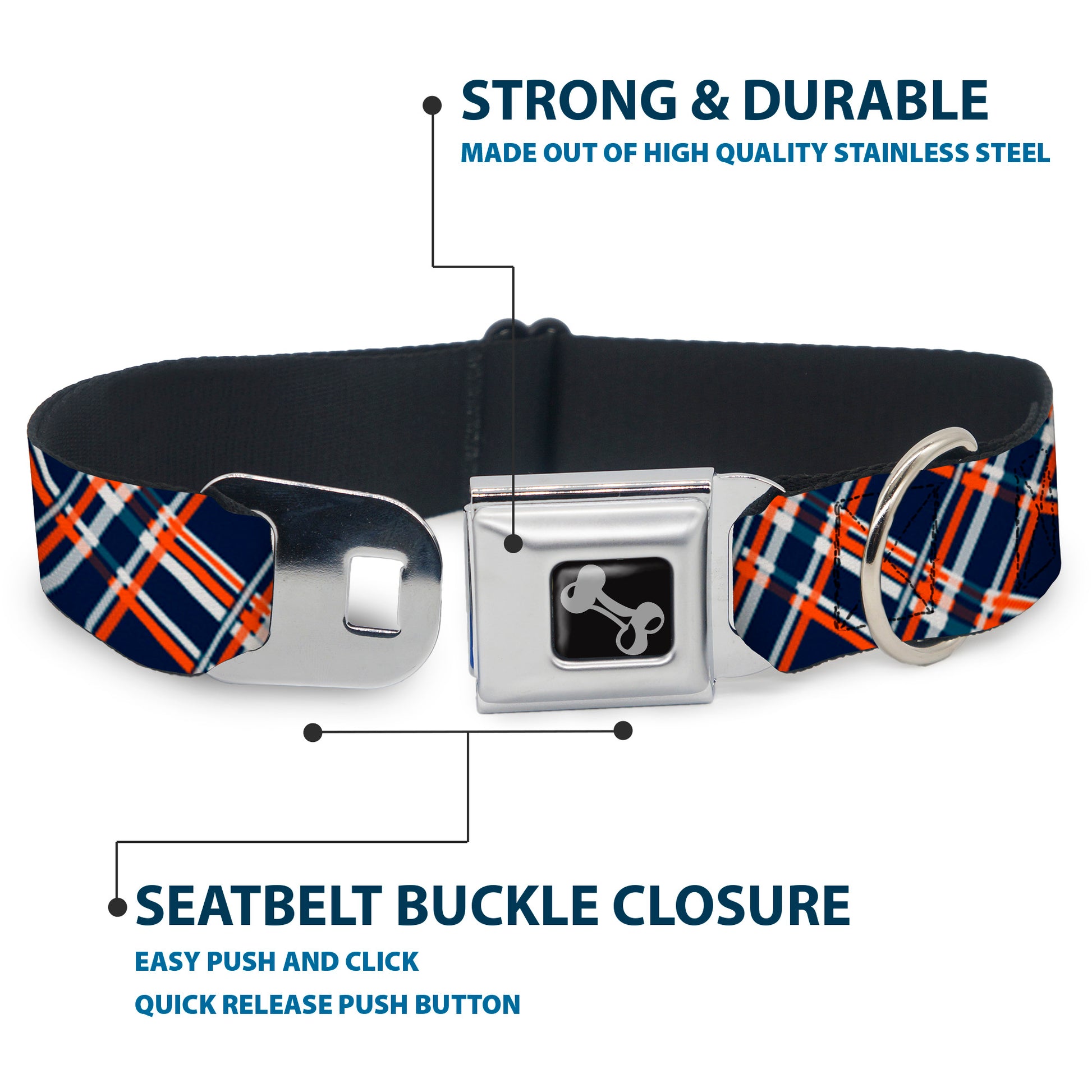 Dog Bone Seatbelt Buckle Collar - Plaid X3 Navy/Orange/White Seatbelt Buckle Collars Buckle-Down