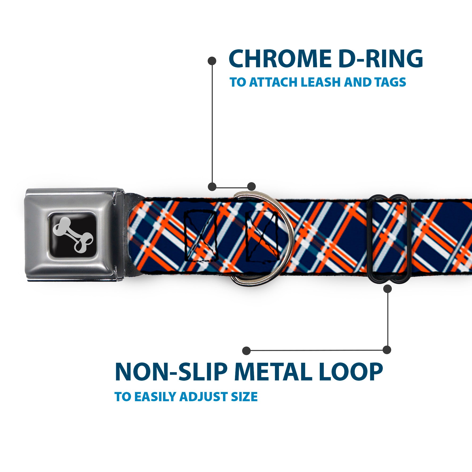 Dog Bone Seatbelt Buckle Collar - Plaid X3 Navy/Orange/White Seatbelt Buckle Collars Buckle-Down