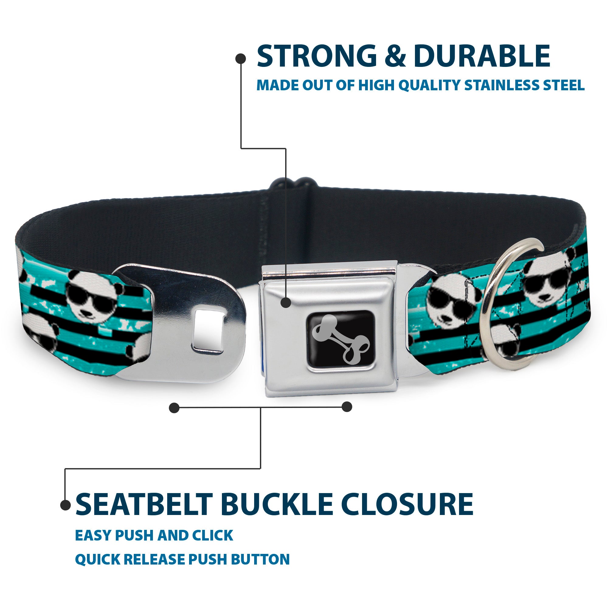 Dog Bone Seatbelt Buckle Collar - Multi Panda w/Sunglasses Stripe Turquoise/Black Seatbelt Buckle Collars Buckle-Down