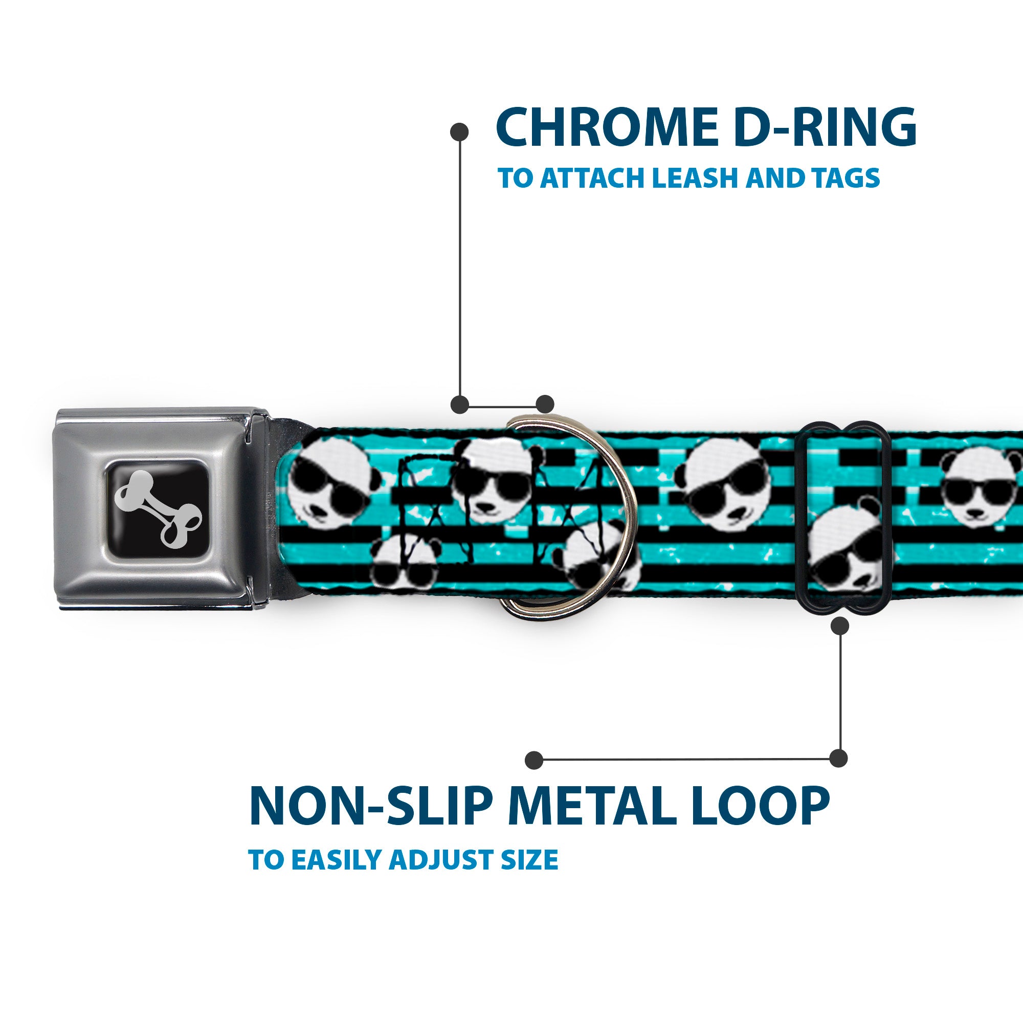 Dog Bone Seatbelt Buckle Collar - Multi Panda w/Sunglasses Stripe Turquoise/Black Seatbelt Buckle Collars Buckle-Down