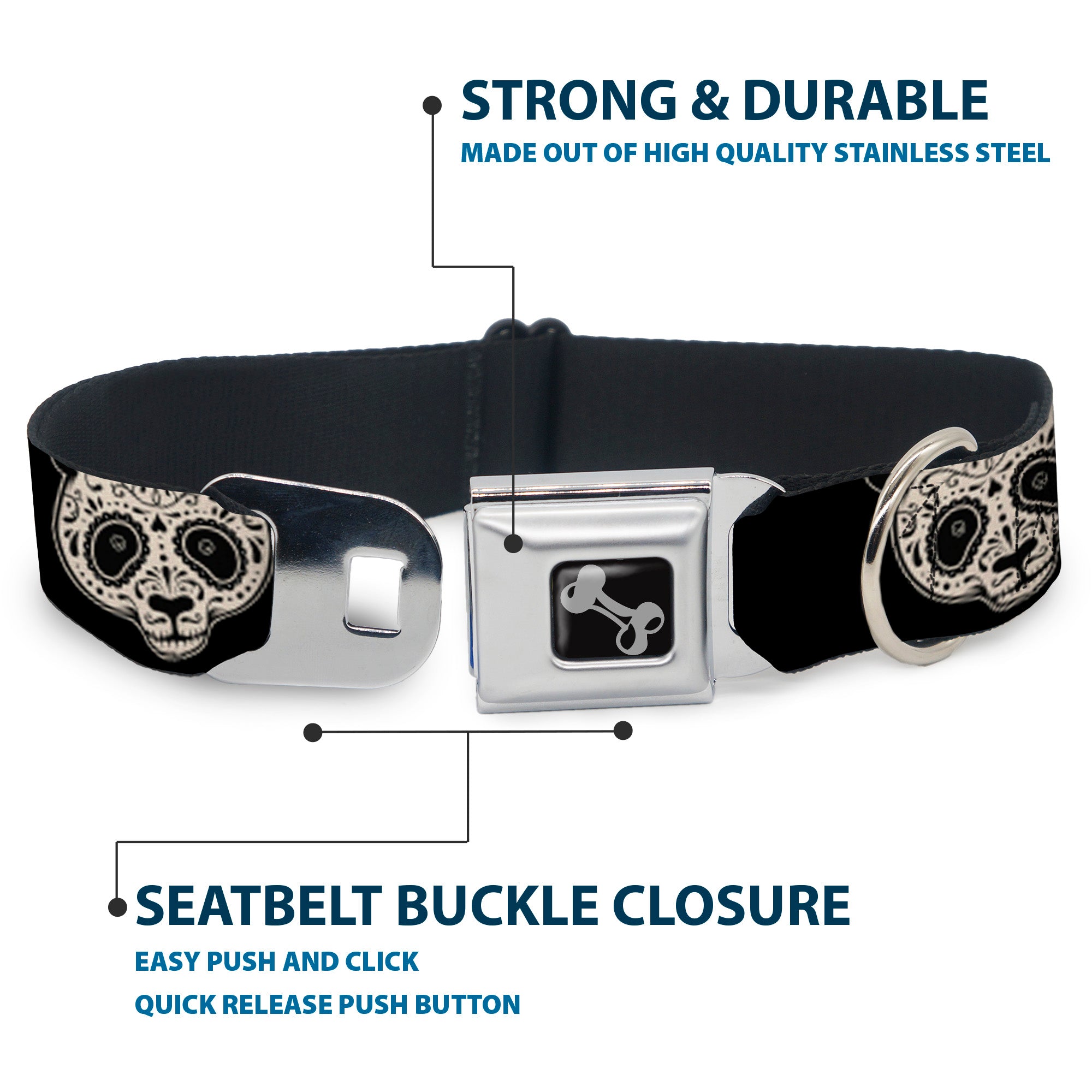 Dog Bone Seatbelt Buckle Collar - Panda Bear Sugar Skull Black/White Seatbelt Buckle Collars Buckle-Down