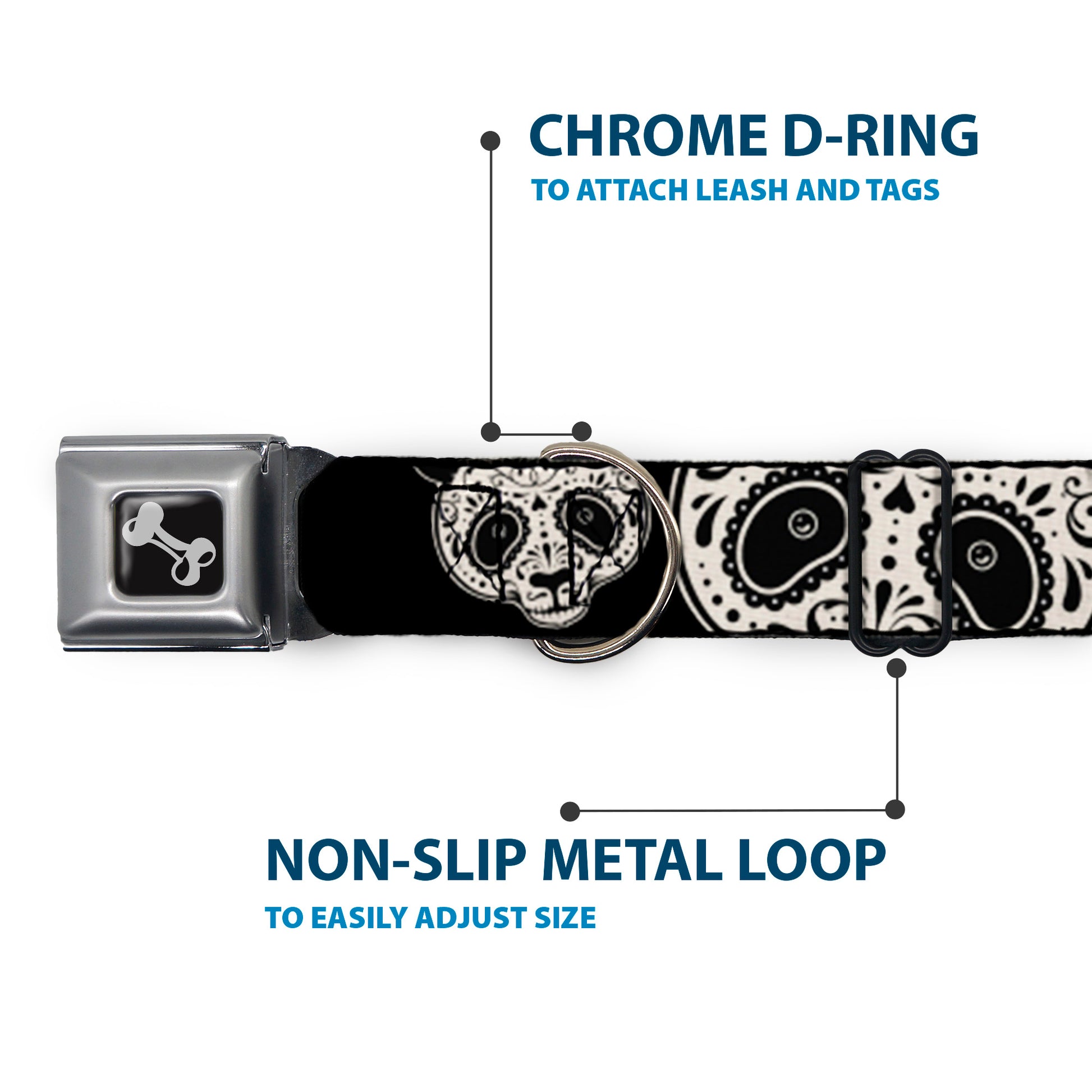 Dog Bone Seatbelt Buckle Collar - Panda Bear Sugar Skull Black/White Seatbelt Buckle Collars Buckle-Down