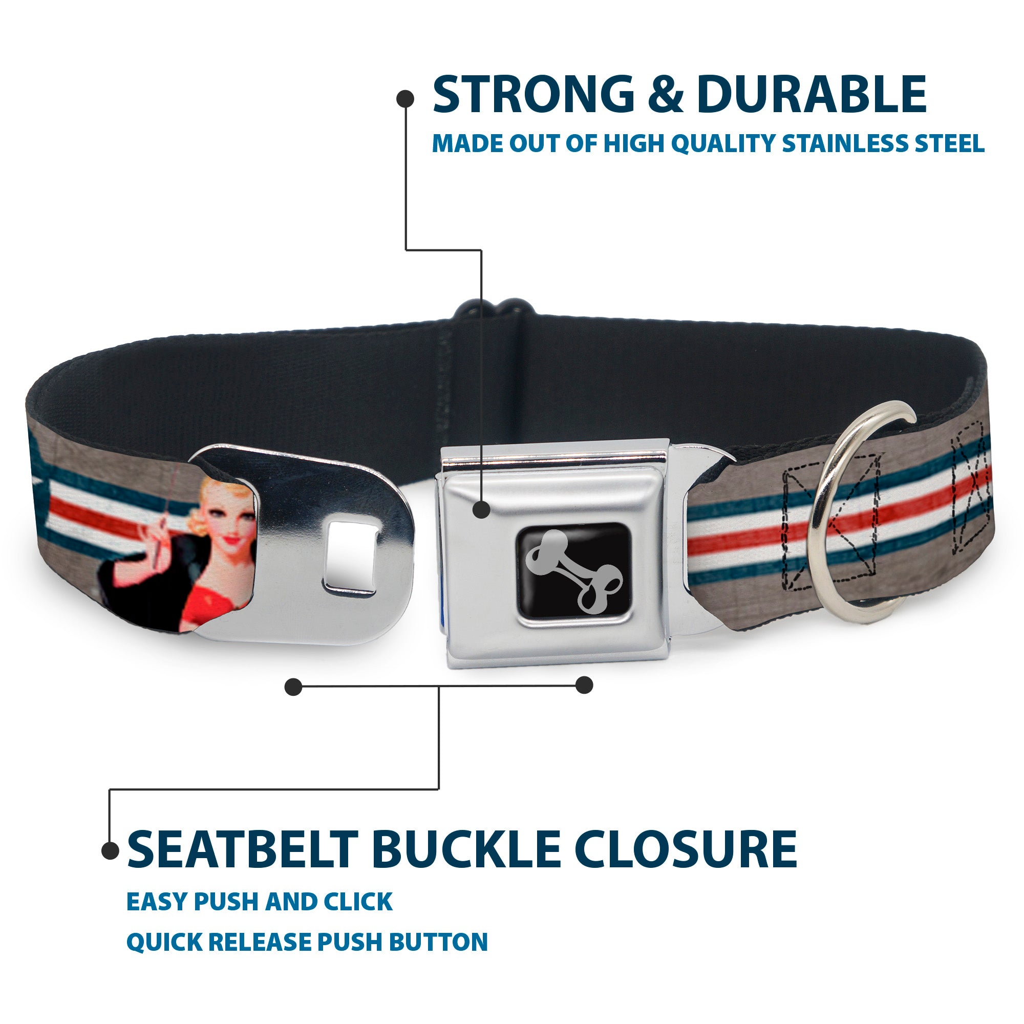 Dog Bone Seatbelt Buckle Collar - Pin Up Girl Poses Star & Stripes Gray/Blue/White/Red Seatbelt Buckle Collars Buckle-Down