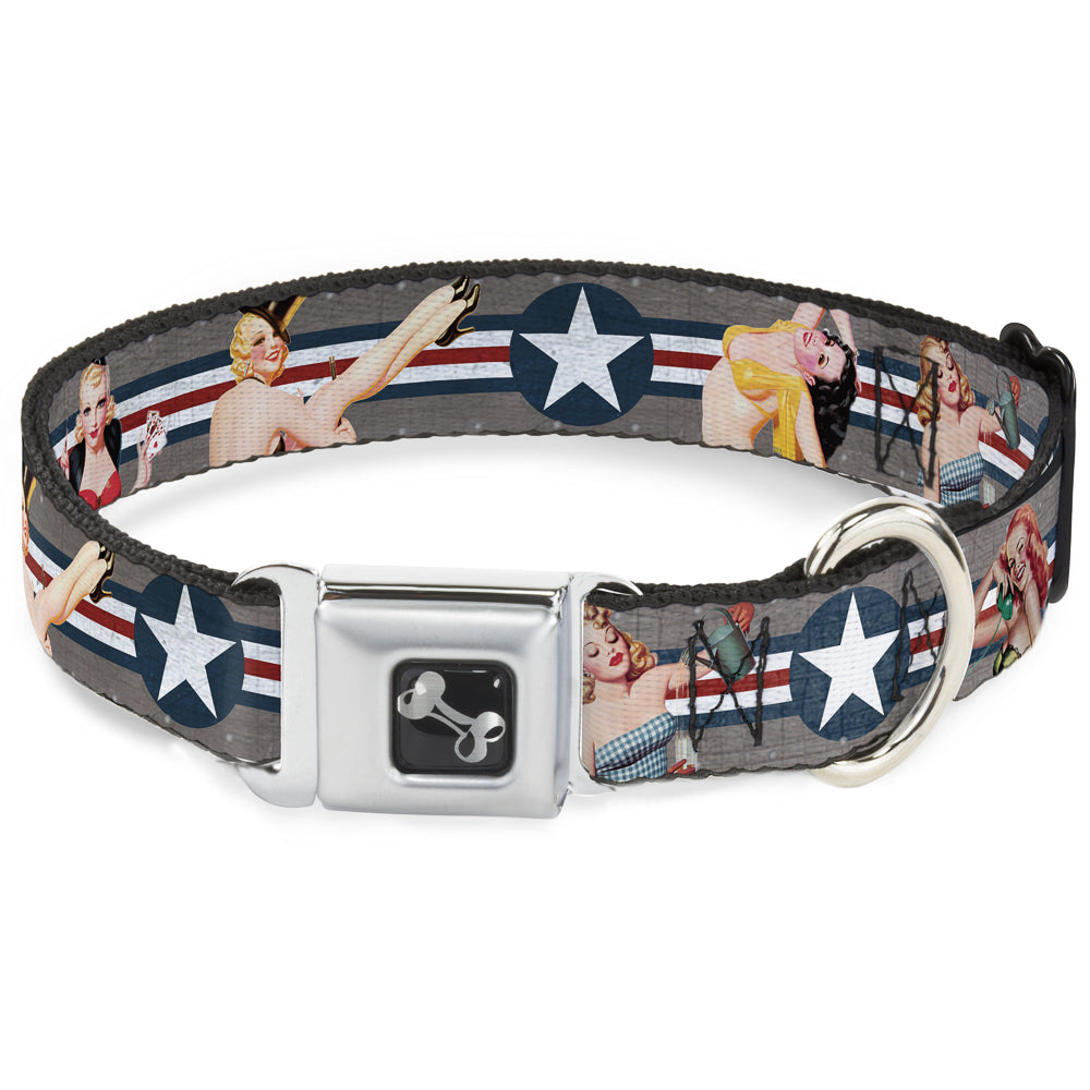Dog Bone Seatbelt Buckle Collar - Pin Up Girl Poses Star & Stripes Gray/Blue/White/Red Seatbelt Buckle Collars Buckle-Down
