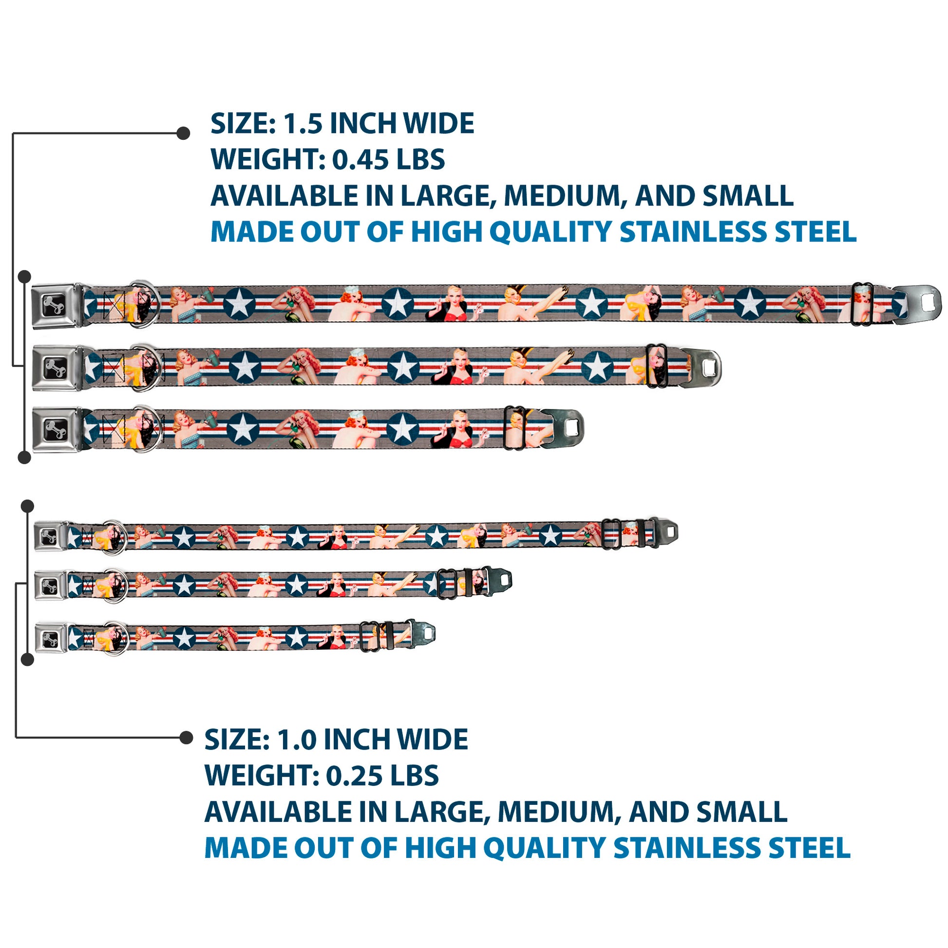 Dog Bone Seatbelt Buckle Collar - Pin Up Girl Poses CLOSE-UP Star & Stripes Gray/Blue/White/Red Seatbelt Buckle Collars Buckle-Down