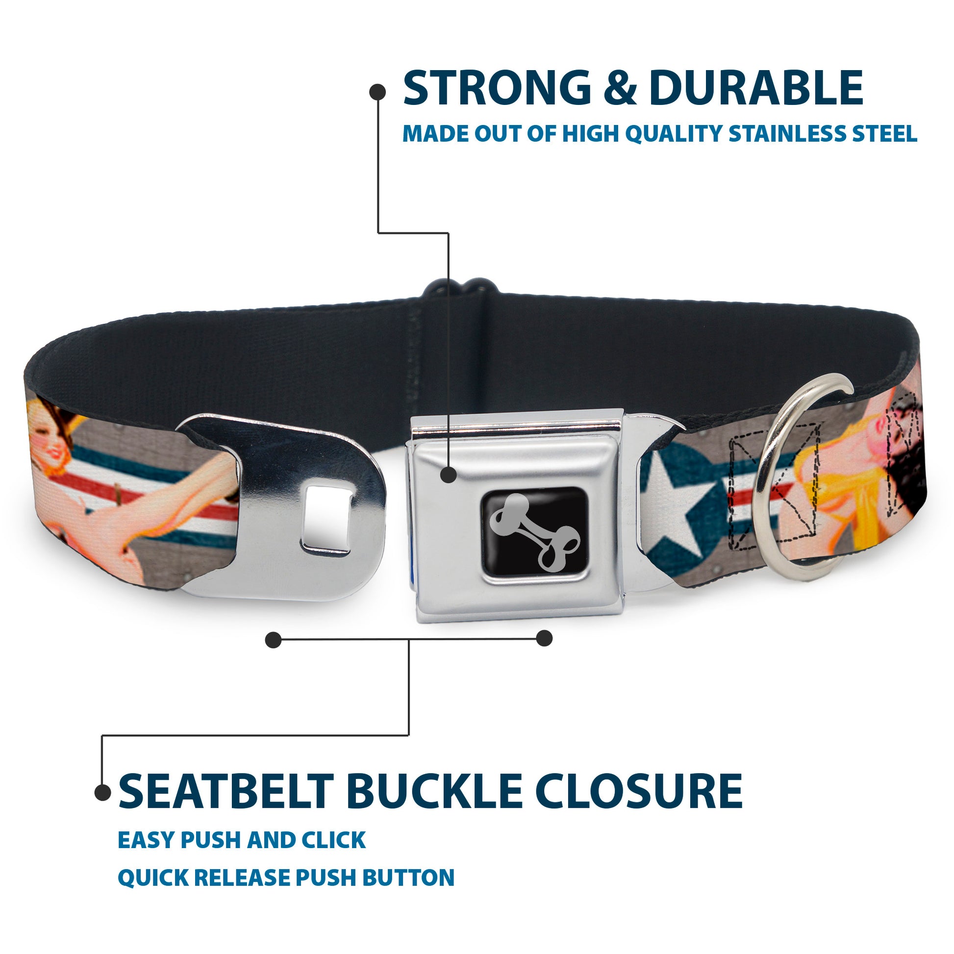 Dog Bone Seatbelt Buckle Collar - Pin Up Girl Poses CLOSE-UP Star & Stripes Gray/Blue/White/Red Seatbelt Buckle Collars Buckle-Down