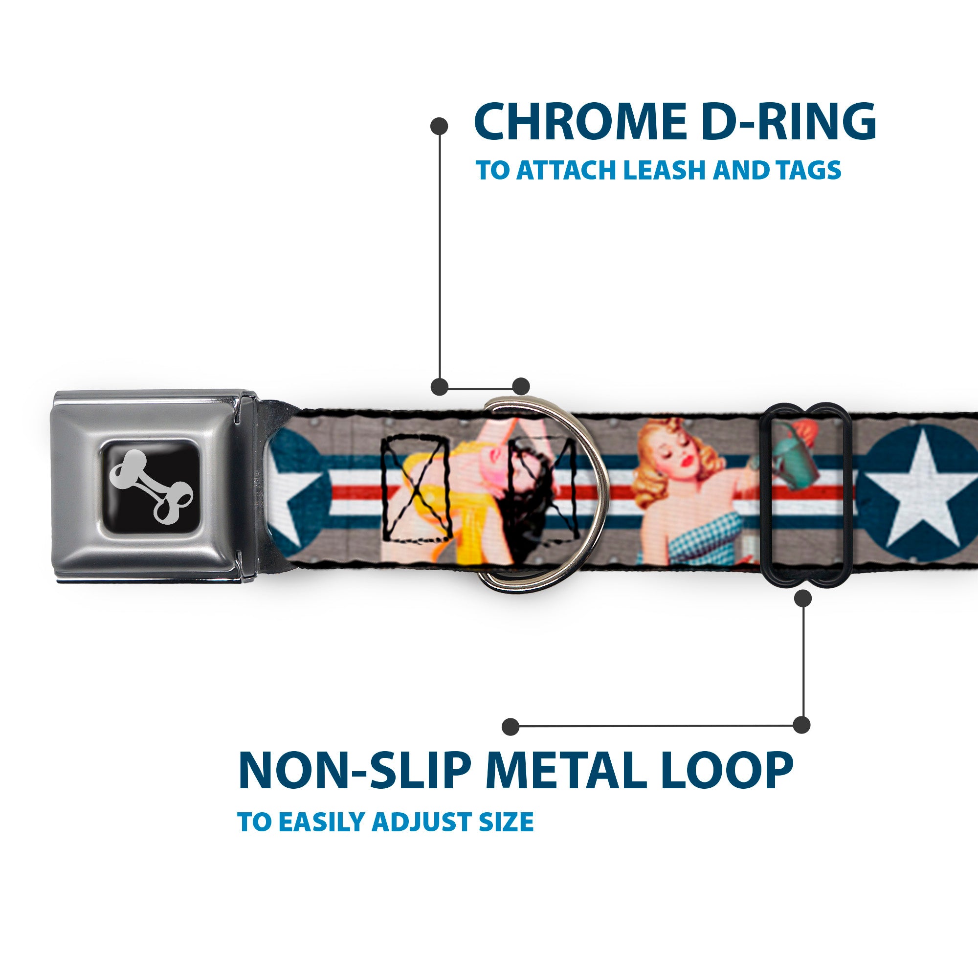 Dog Bone Seatbelt Buckle Collar - Pin Up Girl Poses CLOSE-UP Star & Stripes Gray/Blue/White/Red Seatbelt Buckle Collars Buckle-Down