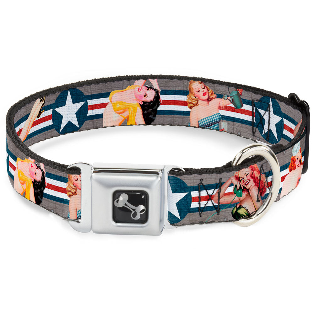 Dog Bone Seatbelt Buckle Collar - Pin Up Girl Poses CLOSE-UP Star & Stripes Gray/Blue/White/Red Seatbelt Buckle Collars Buckle-Down