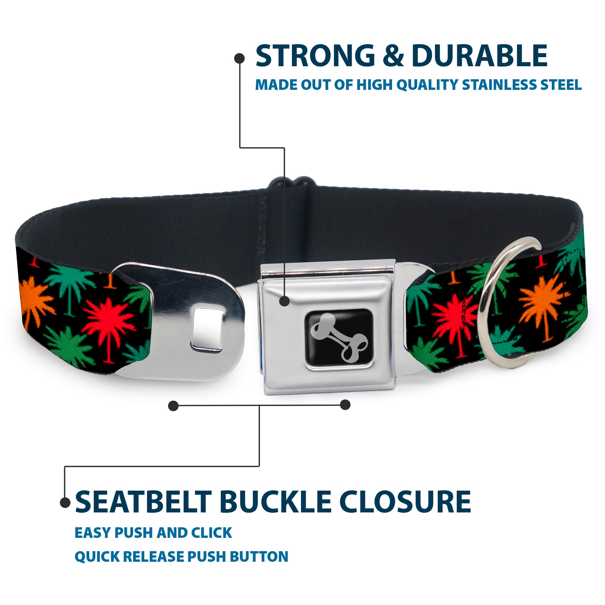 Dog Bone Seatbelt Buckle Collar - Palm Trees Black/Multi Color Seatbelt Buckle Collars Buckle-Down