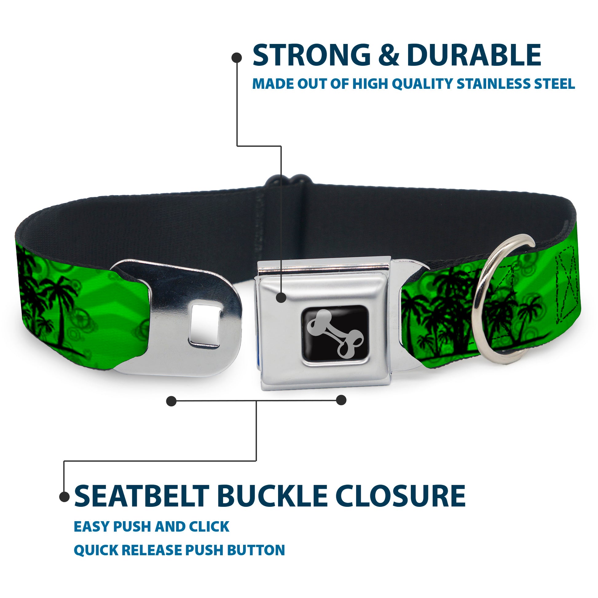 Dog Bone Seatbelt Buckle Collar - Palm Trees Greens/Black Seatbelt Buckle Collars Buckle-Down