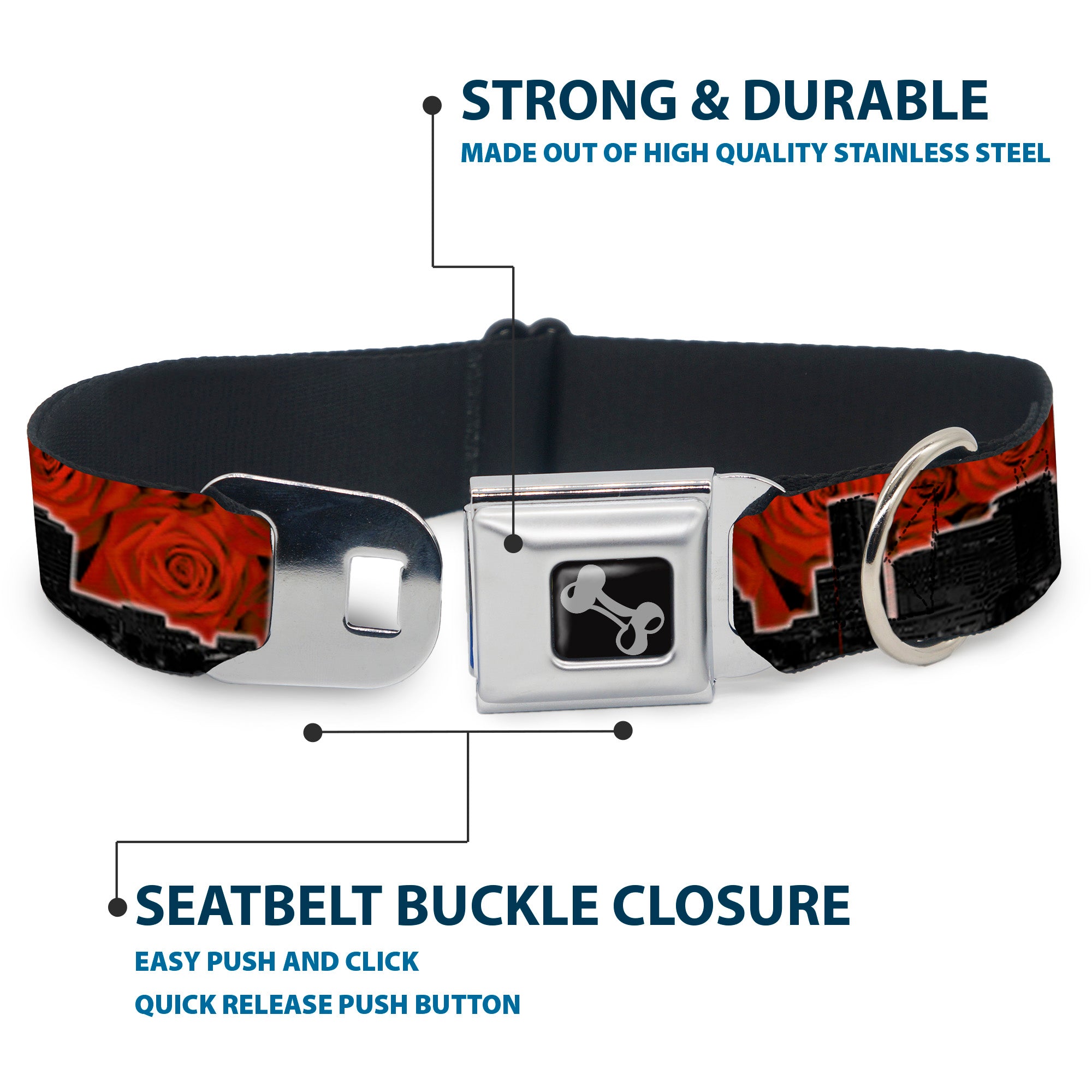 Dog Bone Seatbelt Buckle Collar - Portland Vivid Skyline Red Roses/Black Seatbelt Buckle Collars Buckle-Down