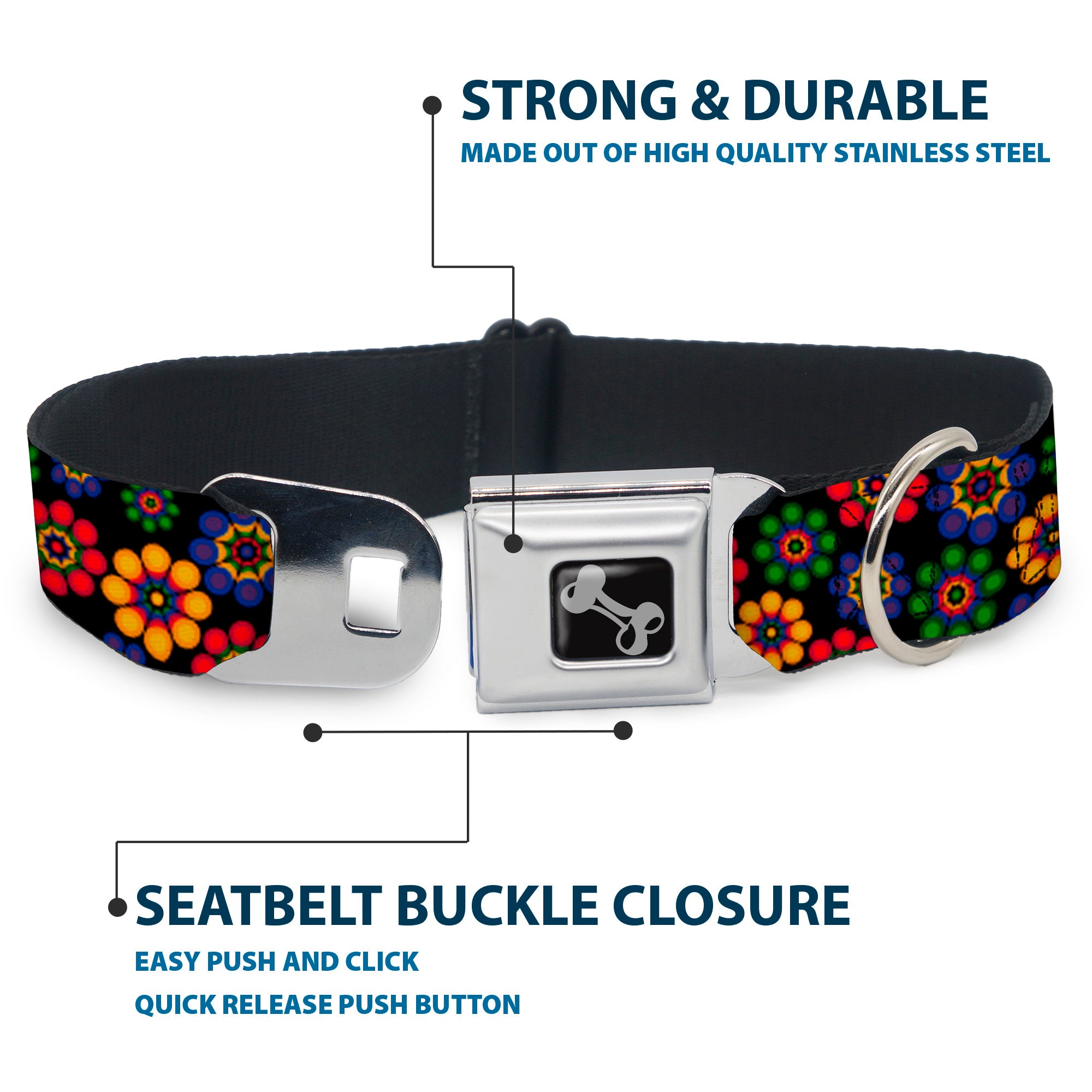 Dog Bone Seatbelt Buckle Collar - Psychedelic Daisies Black/Multi Color Seatbelt Buckle Collars Buckle-Down