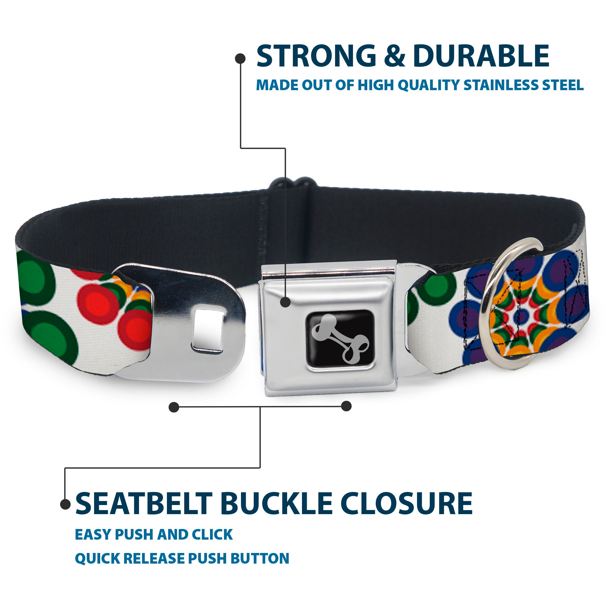 Dog Bone Seatbelt Buckle Collar - Psychedelic Daisies CLOSE-UP White/Multi Color Seatbelt Buckle Collars Buckle-Down